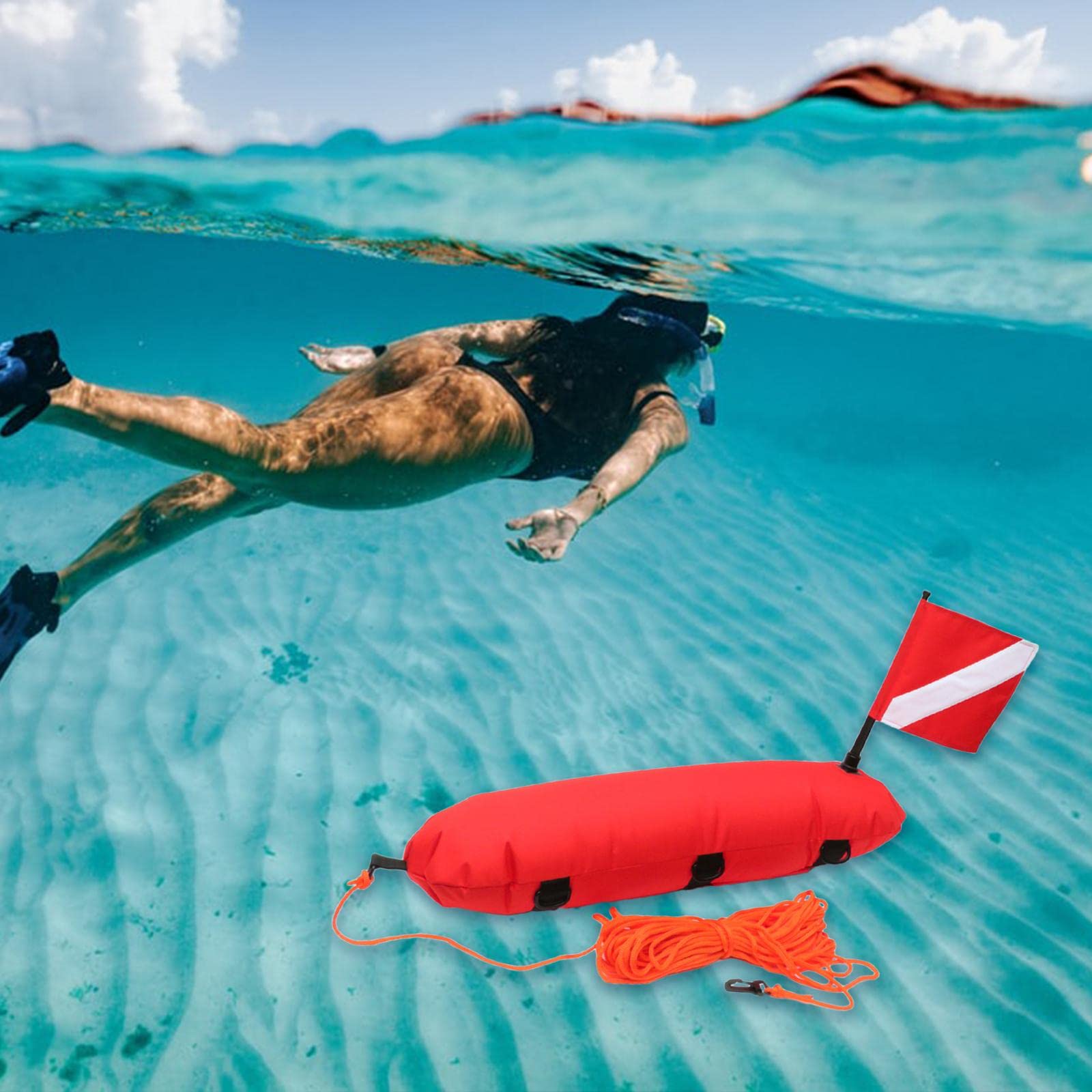 1 Set di Boa Galleggiante di Segnalazione per Immersioni Subacquee E Pesca Subacquea Gonfiabile + Bandiera Subacquea + Corda in Poliestere da 25 M/80