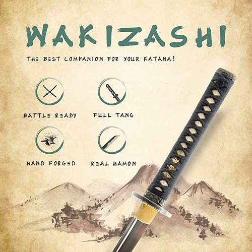 Miniatura 10 de Handmade Sword - Espada japonesa Wakizashi, práctica, forjada a mano, acero al carbono 104510601080, templado con calor, espiga completa, afilada,