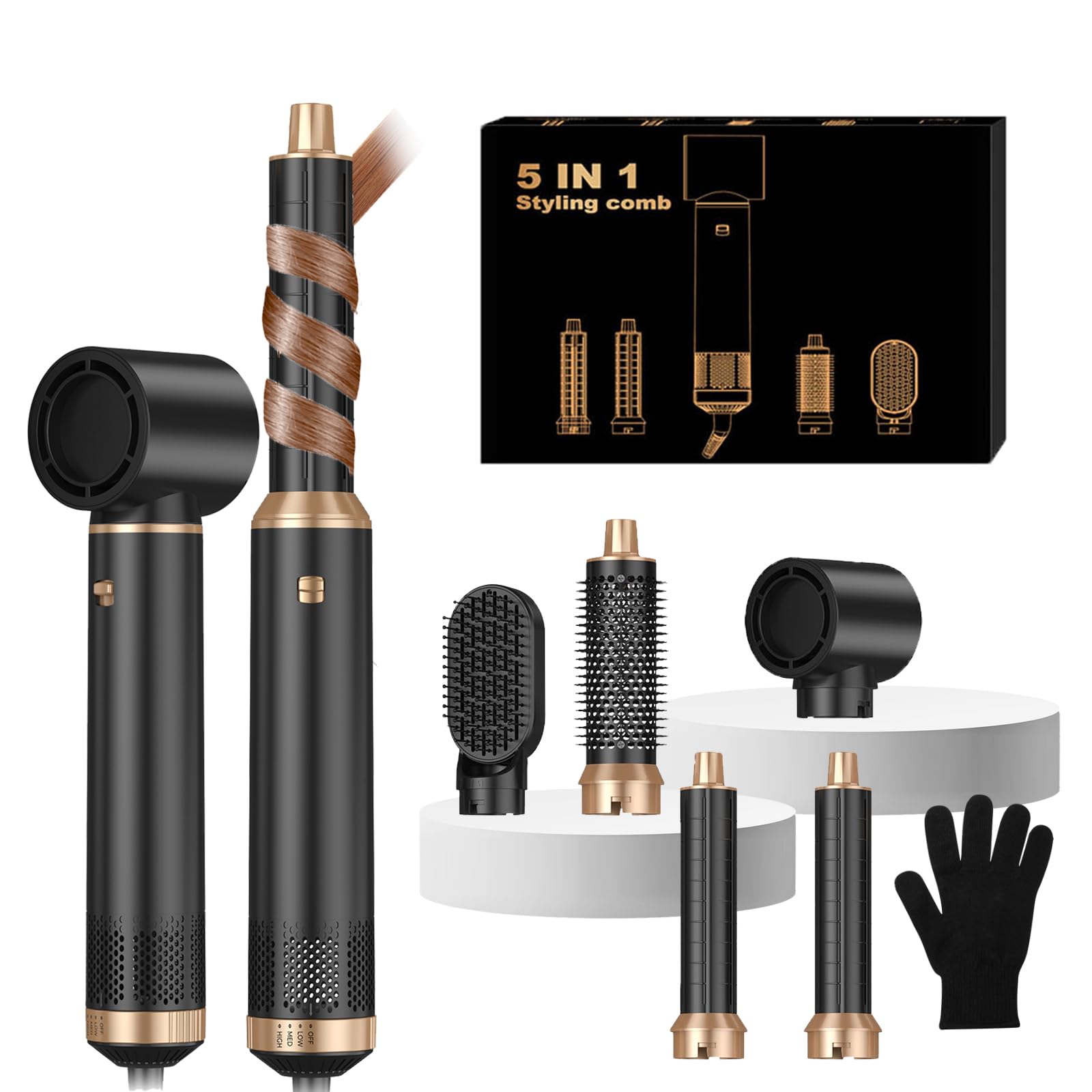 Hair Dryer Brush 5 in 1, Blow Dryer Brush Set with Air Curler Wrap Hair Styler, Negative Ionic Blow Dry Brush, Detachable Hair Tool for Curling, Volumizer,Straightener,Drying