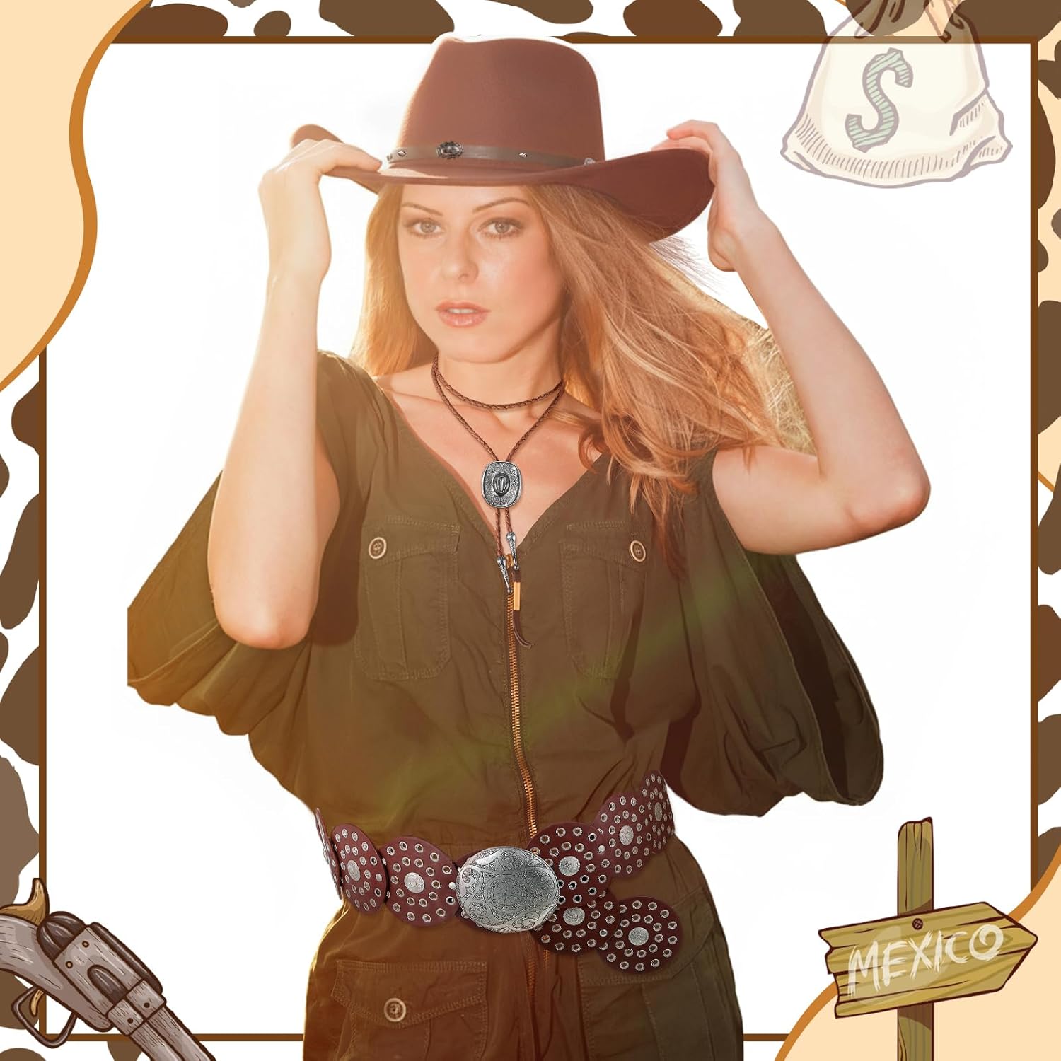 4 Pcs Western Accessories for Women Cowgirl Hat Cowboy Bolo Tie Western Earrings Boho Belt for Party - Image 7