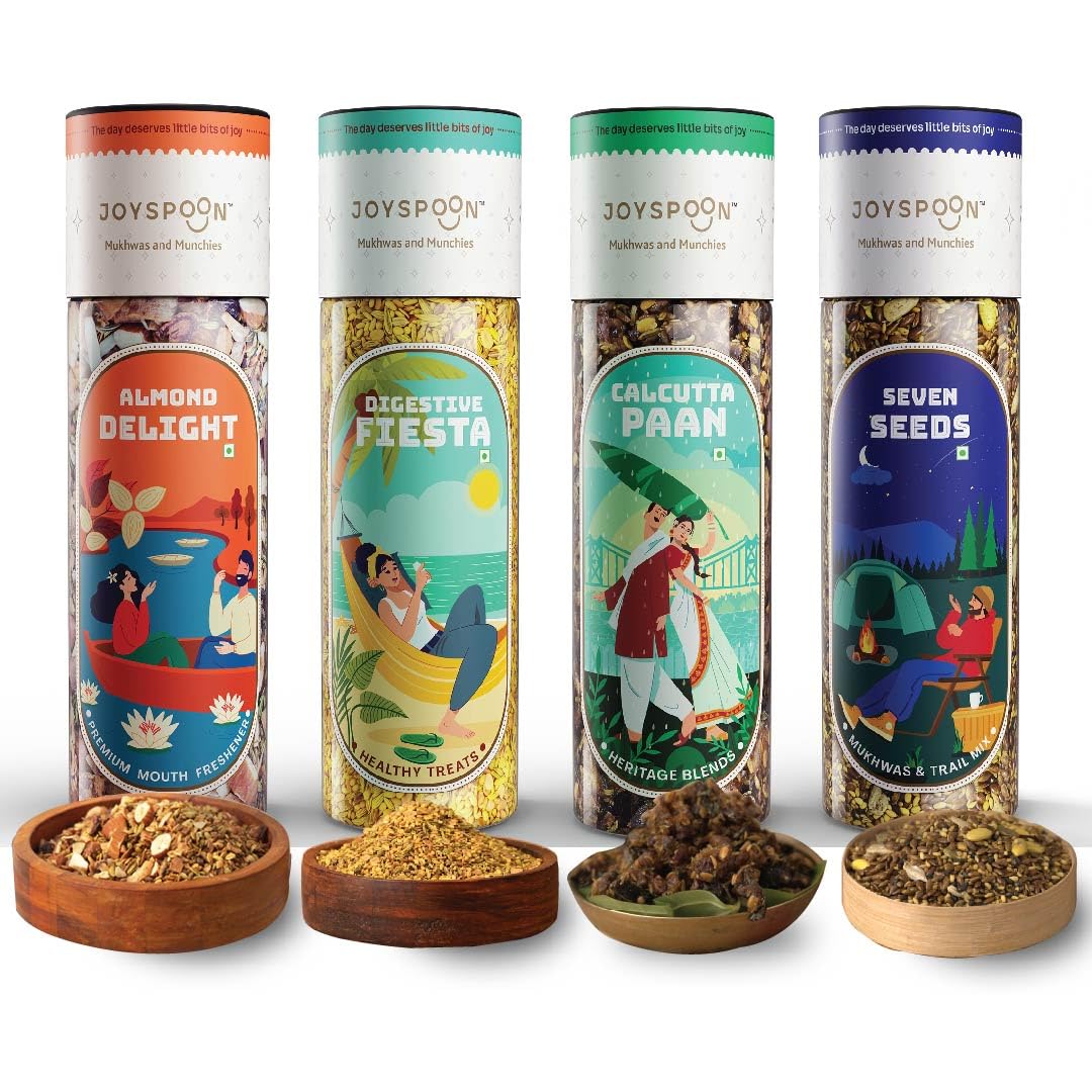 - Joyspoon Almond Delight, Calcutta Paan, Digestive Fiesta,and Seven Seed Mukhwas | Supari-Free Mouth Freshener | No Artificial Colors or Preservatives | After-Meal Digestive Snack |100g Pack of 4