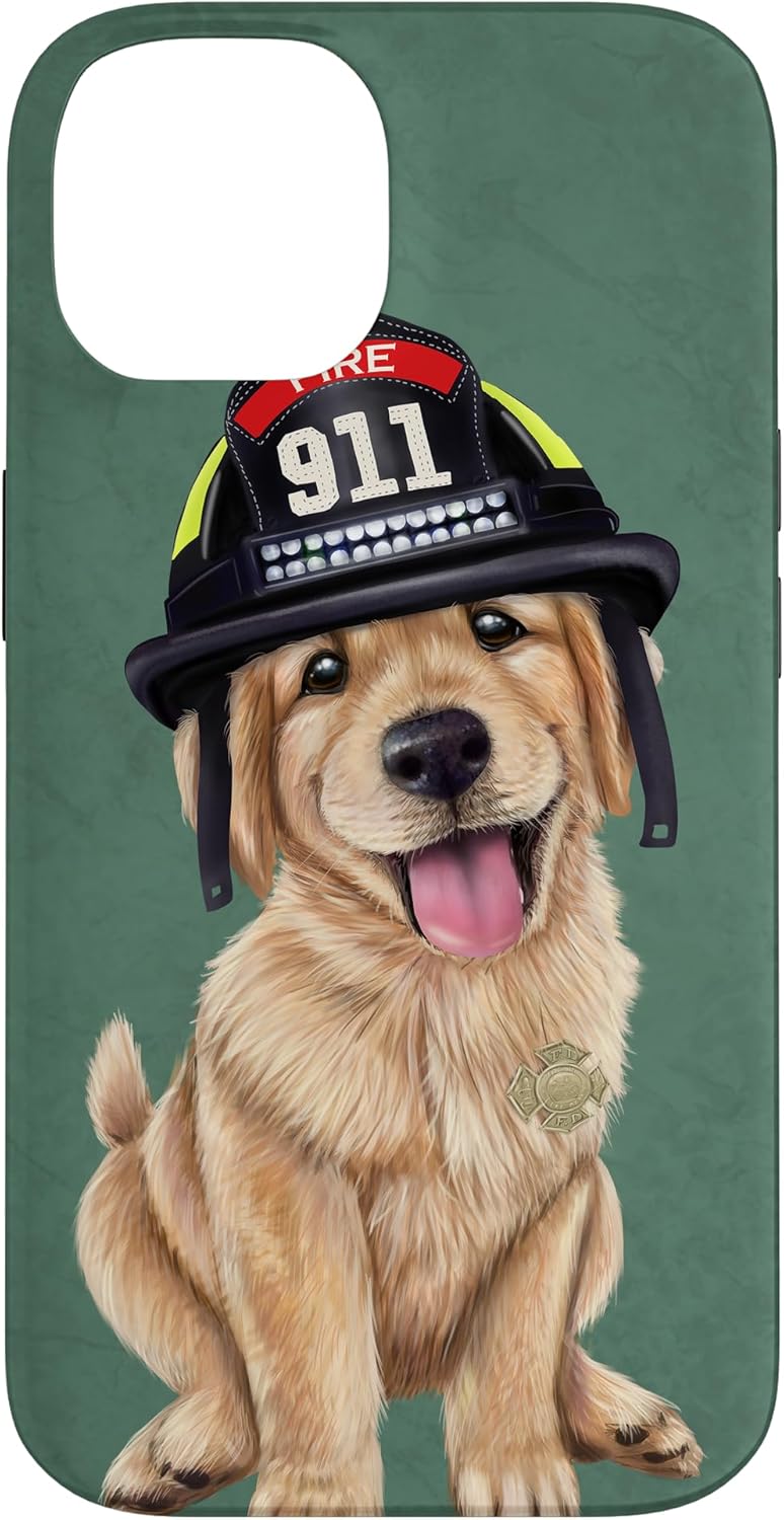 iPhone 15 Golden Retriever puppy wearing a firefighter hat Case