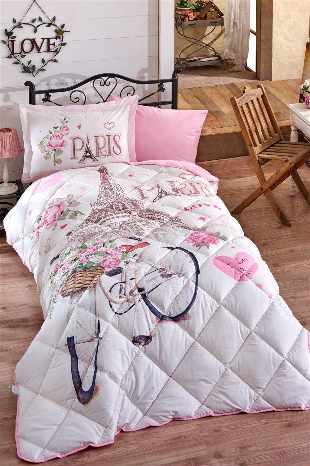 Clasy%100 Pamuk Tek Kişilik Uyku Seti (Lastikli Çarşaflı) Paris Love V1 Pudra