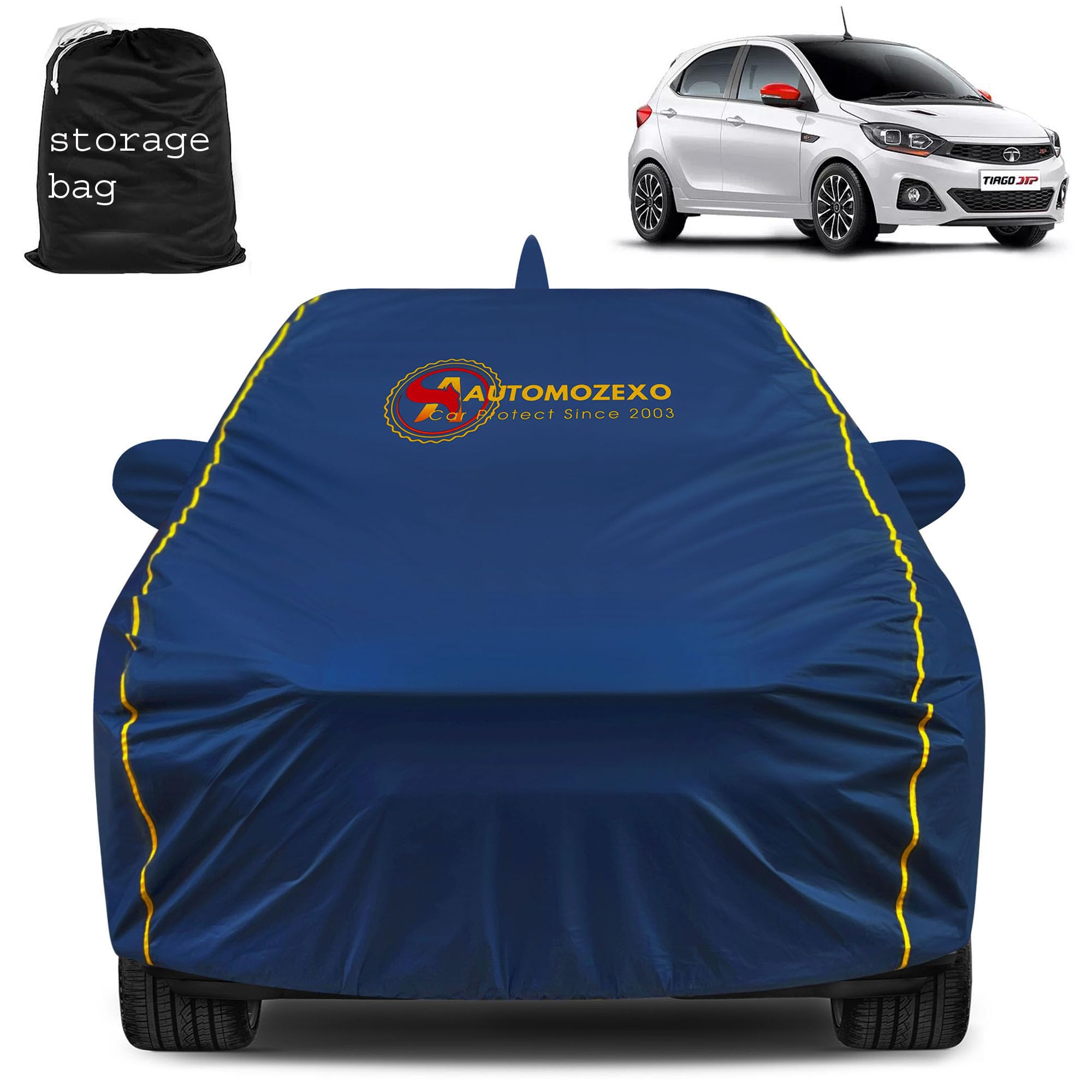 AUTOMOZEXO Tata Tiago Car Cover with Mirror & Antena Pocket Waterproof Inner Cotton Layer Adjustable Belt Bottom Elastic Triple Stitched Cover to Secure fit and Protect from all Indian Climates (Blue)