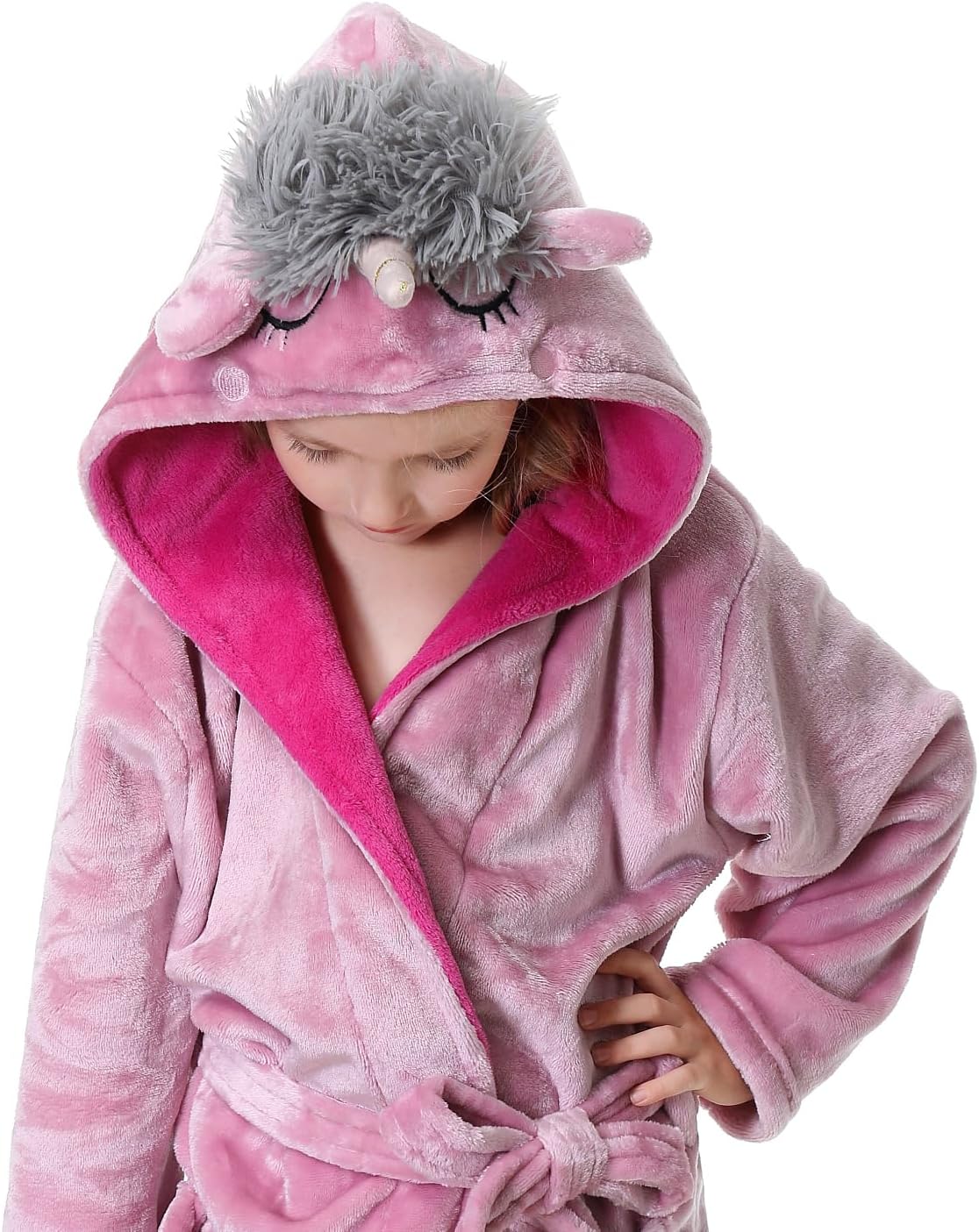 Hooded Herringbone Girl's Fleece Soft Spa Kimono Long Robe,Kids Comfy Sleepwear Bathrobe - Image 4