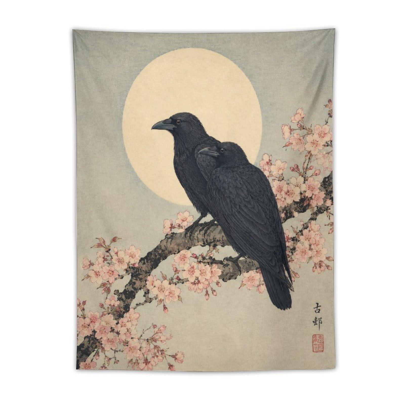 H3B8U2Y5 Raven Silhouette and Moon Wall Tapestry, Ukiyo-e Style, Backdrop