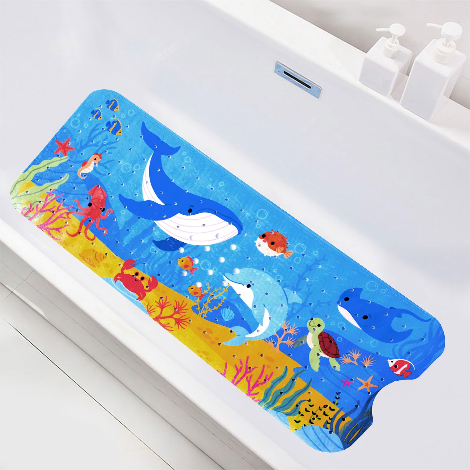 GWCYMYD Baby Bath Mat Non Slip Anti Mould, 100x40cm Extra Long Kids Bathtub Mat, Machine Washable Toddler Shower Mats with Strong Suction Cups, Cartoon Bathroom Mats(Blue Whale Dolphin)