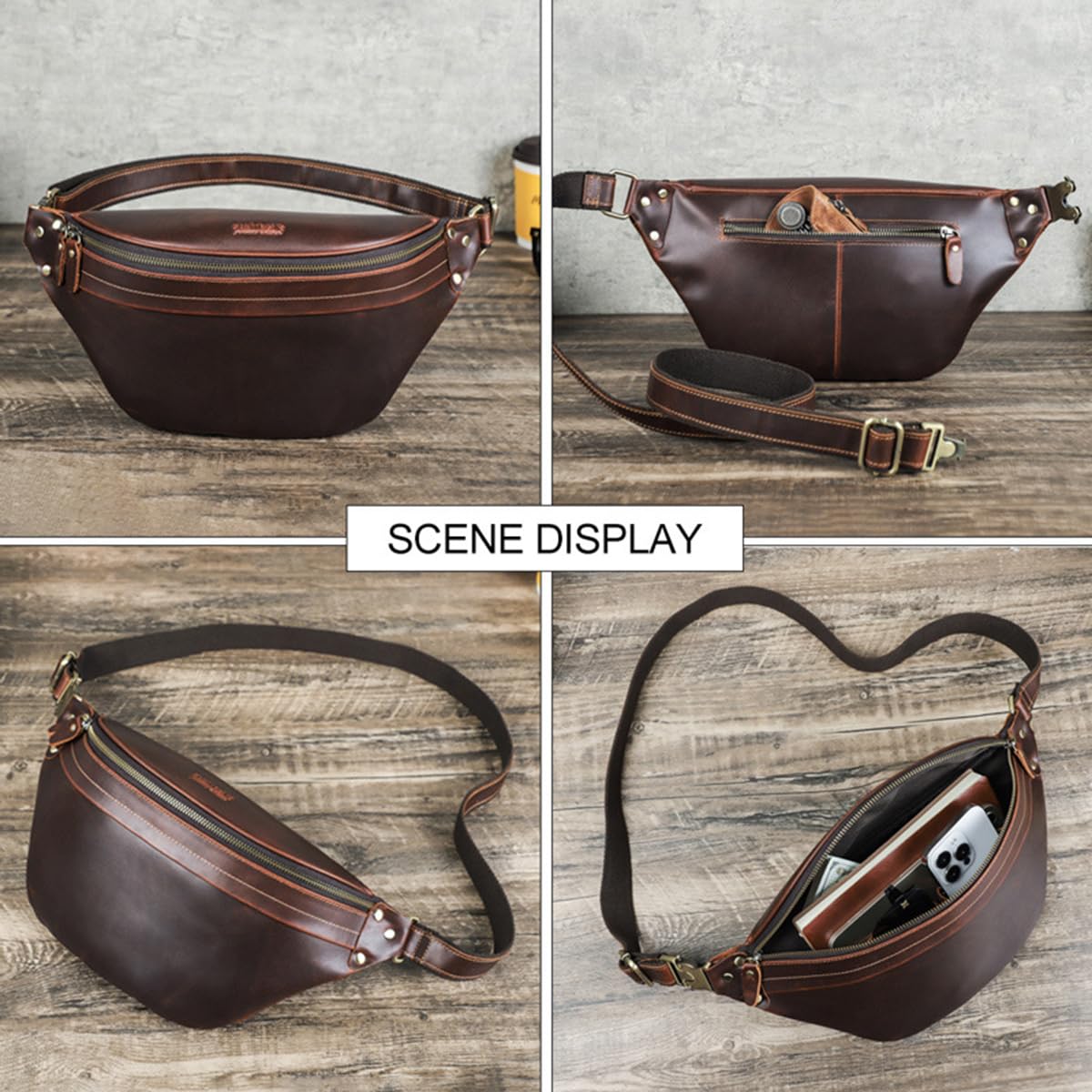 Skórzana saszetka biodrowa dla mężczyzn, wielofunkcyjna torba na ramię Crossbody, casualowa podróżna plecak Sling Bag z wieloma kieszeniami, do uprawiania sportu, jazdy na rowerze, kawowy