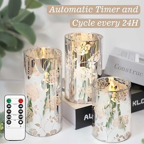 Miniatura 7 de Immeiscent Velas de primavera sin llama, vela de cristal galvanizado con flor de rosa, vela a batería con temporizador y control remoto, vela
