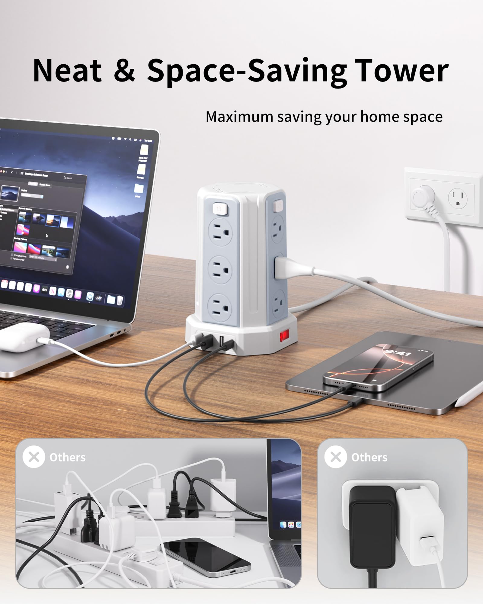 Regleta de protección contra sobrecargas, 12 salidas de CA, 3 puertos USB&1USBC, regleta con USB, cable de extensión de 9.8 pies, regleta de alimentación, protección contra sobrecargas de torre,