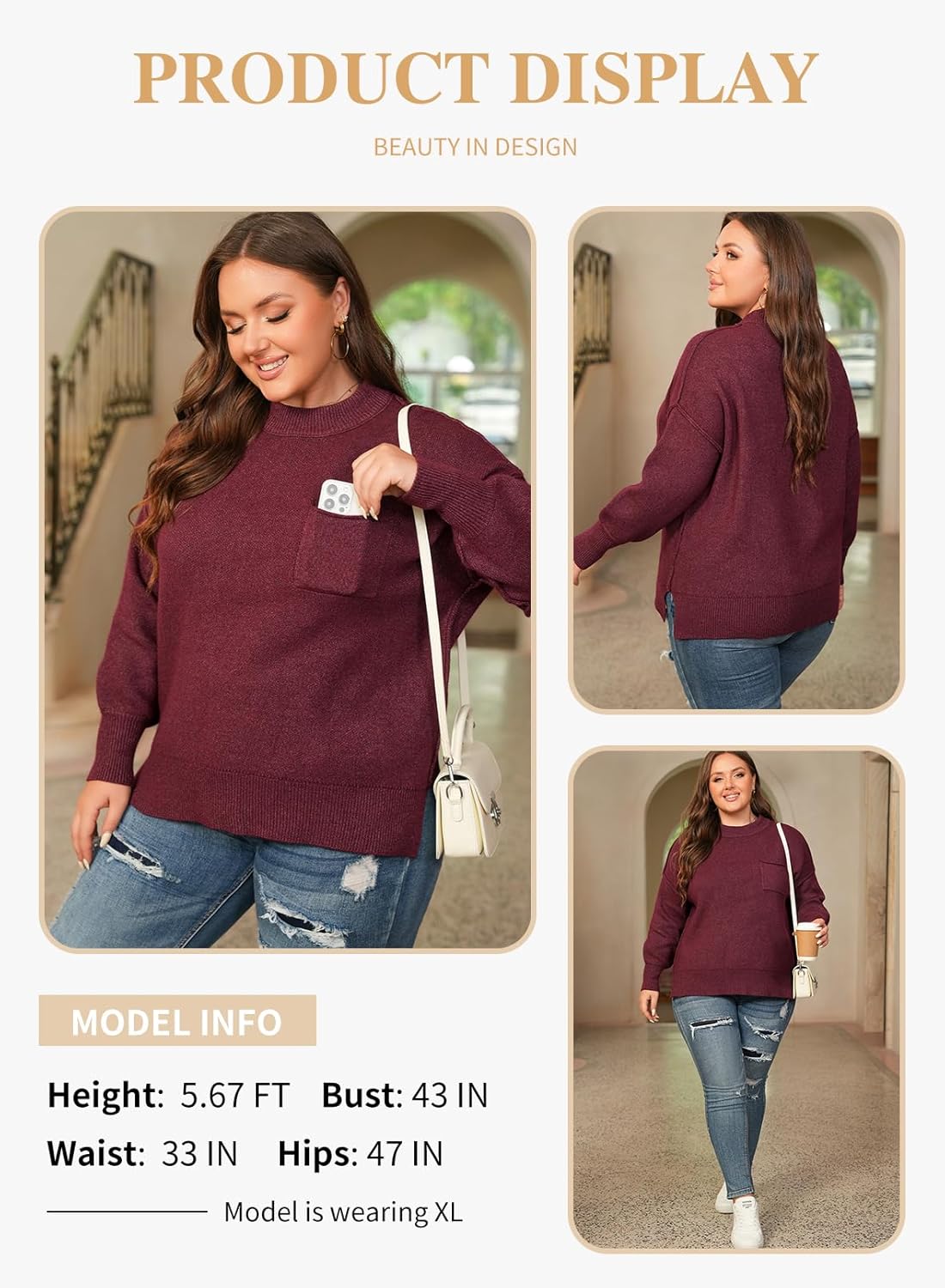 Eytino Plus Size Sweaters for Women Oversized High Neck Long Sleeve Knit Chunky Warm Pullover Sweaters Top with Pocket(1X-5X) - Image 3