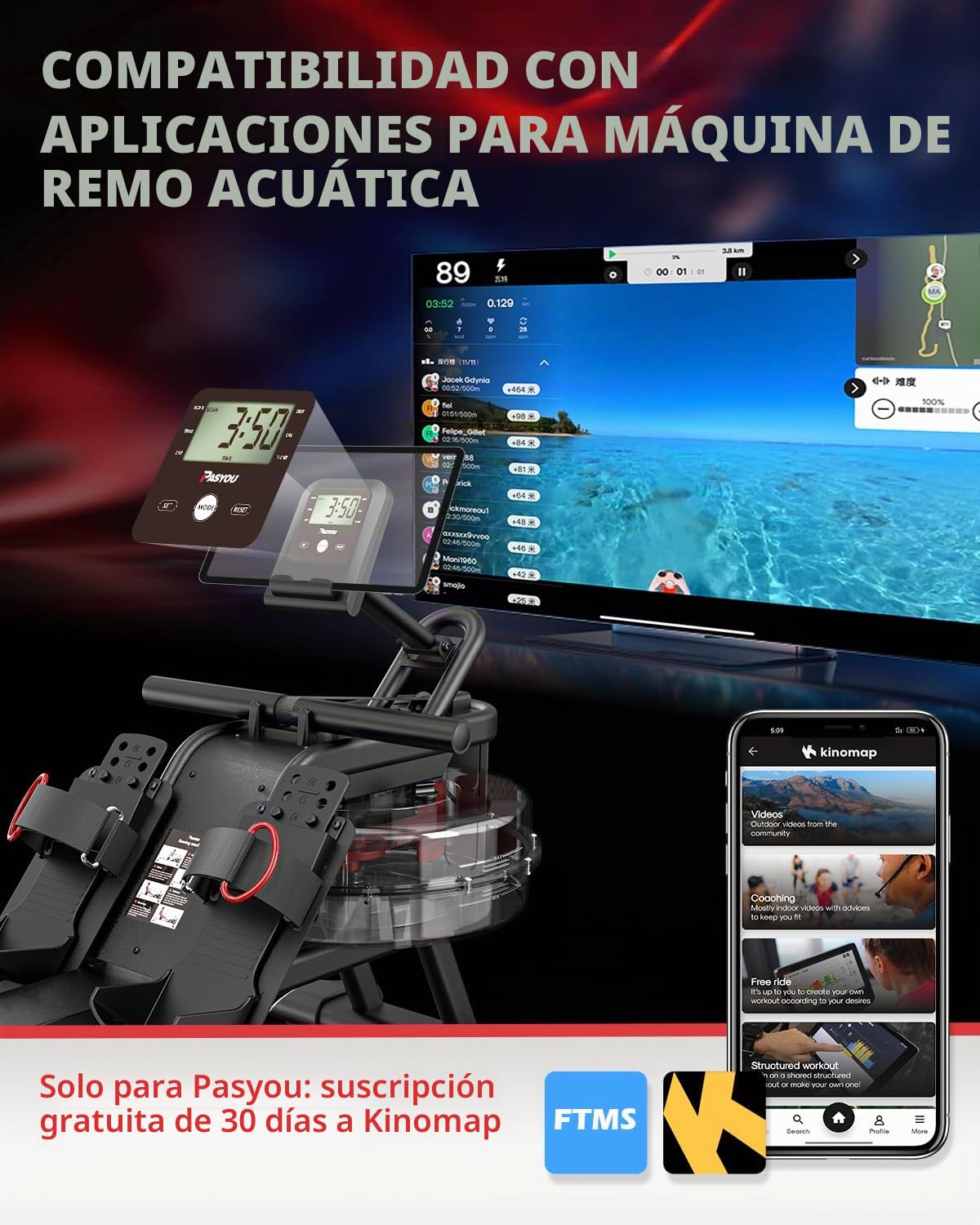 PASYOU Máquina de Remo de Agua, Remo de Resistencia Mejorada con inclinación de 50°, Capacidad de Peso de 150KG con conexión Bluetooth y Monitor LED, máquina de Remo para Gimnasio en casa