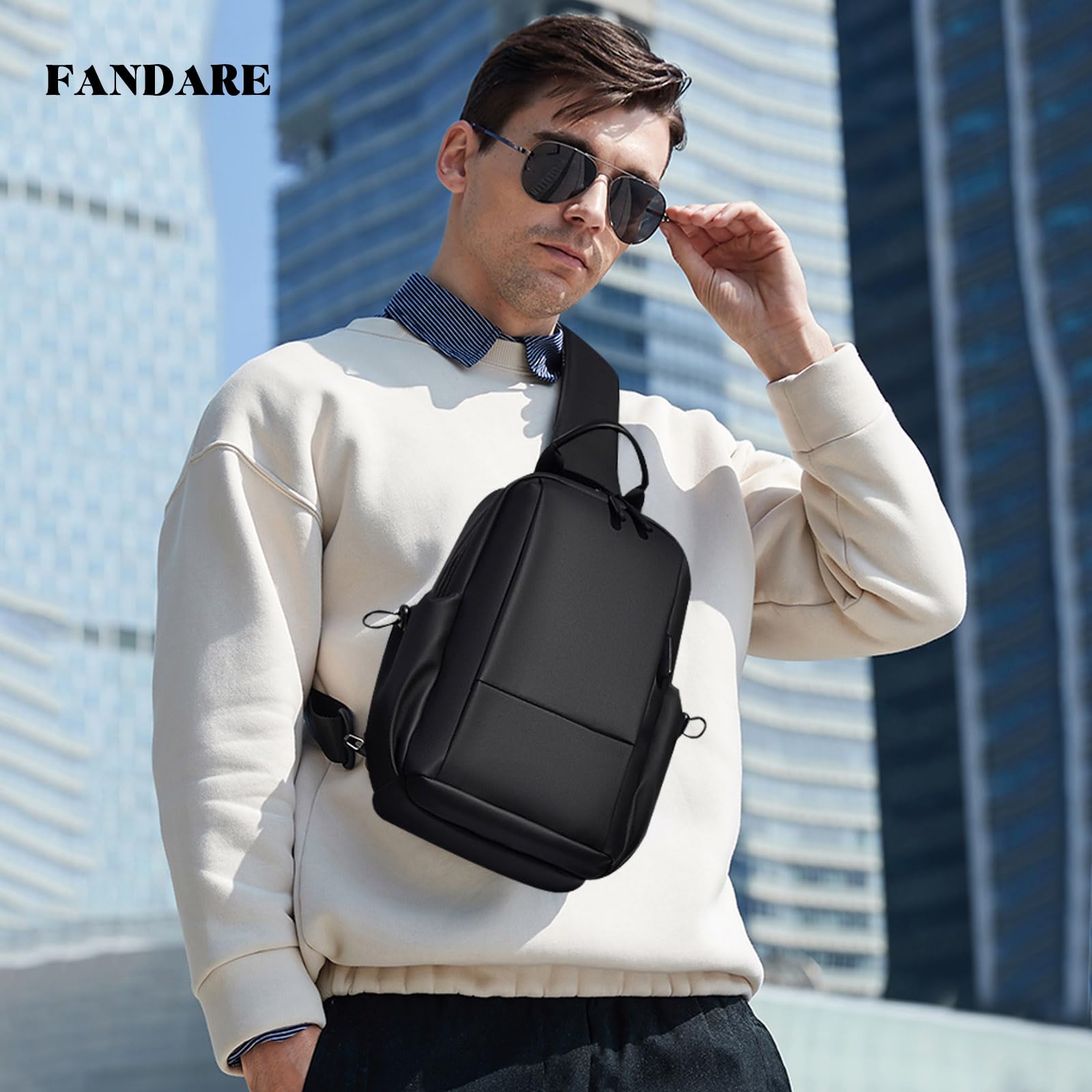 FANDARE Bolso Cruzado Hombre Bolso Hombre Mochila Cruzada Hombre Bolso Bandolera con Agujero de Auriculares PU Poliéster Bolsa Deportivas para Negocios Trabaja Viaje Bolso de Mensajero Negro