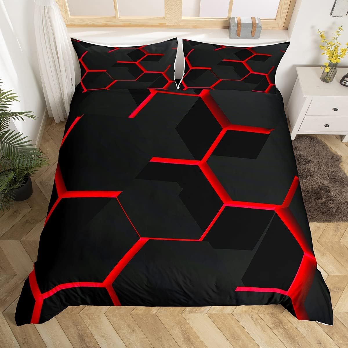 Homemissing Geometrische Honeycomb Bettwäsche Set 135x200cm Rote Geometrie Sechseck Bettwäsche-Set Bienenstock Sechseck Bettbezug Set Geometrische Bettbezug Bienenstock Dekor mit Reißverschluss