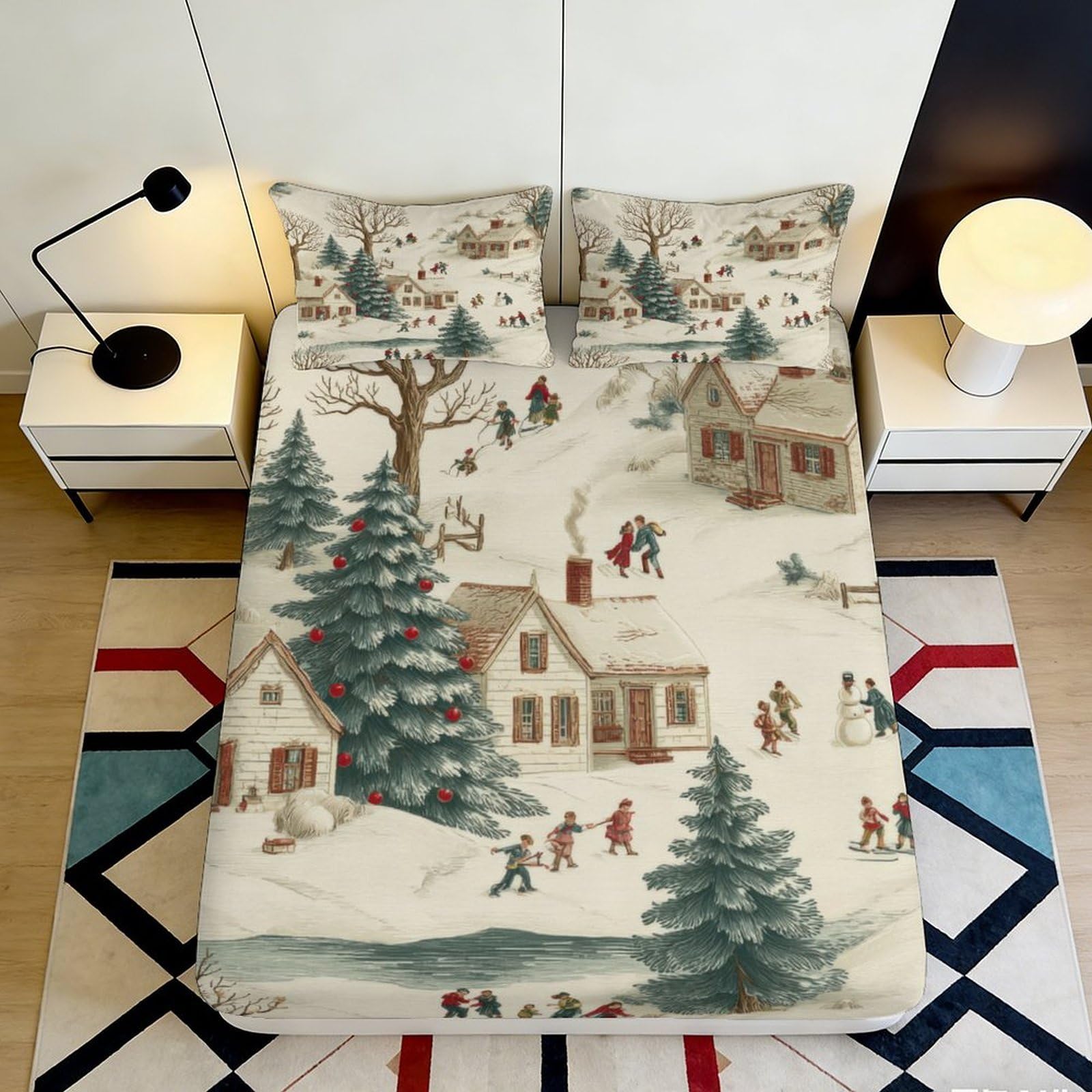 3D Printed Winter Village Fitted Sheet Microfiber Soft Snowy Landscape Mattress Cover Bedroom Dorm Home Decor 90x200x25cm