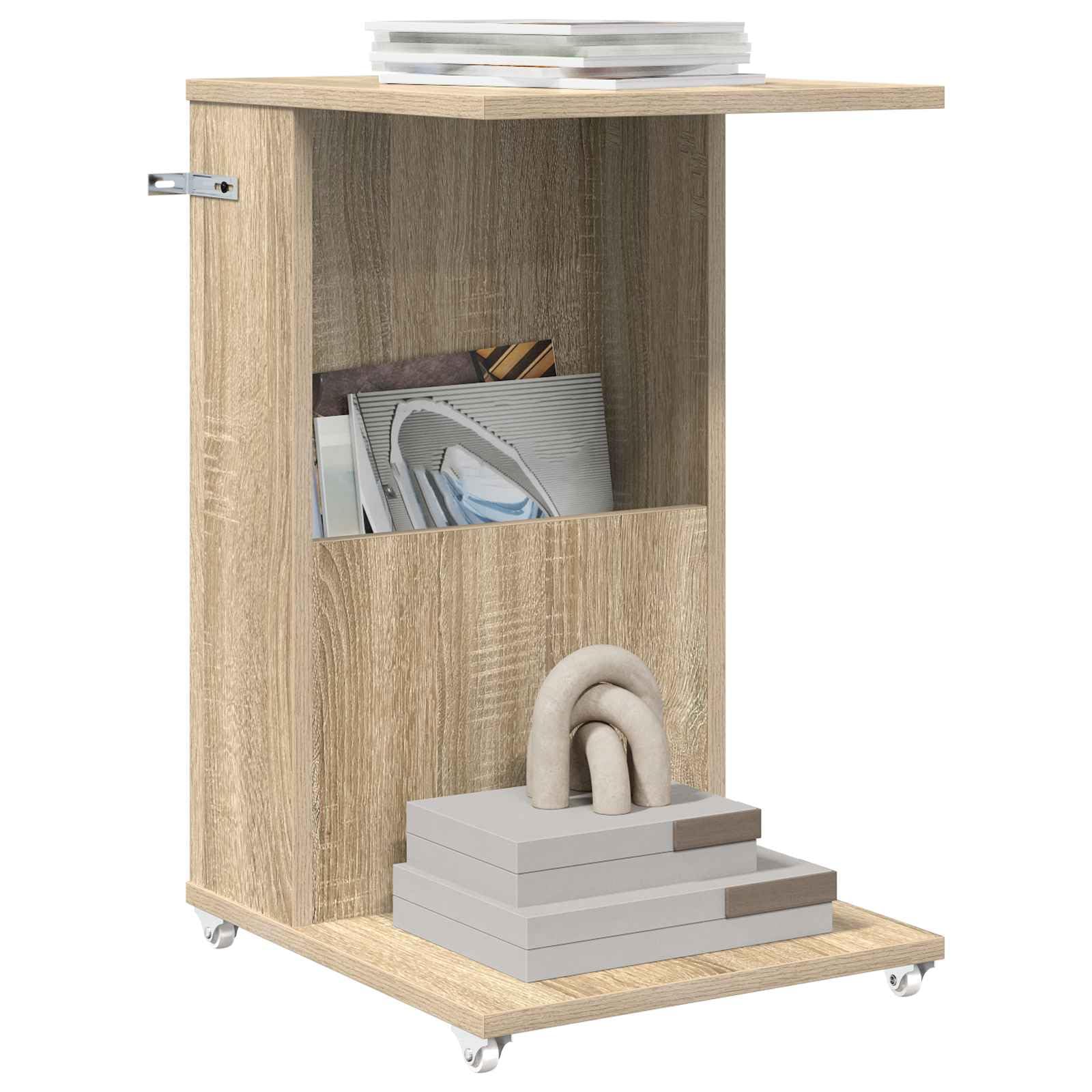 Mesa auxiliar de roble Sonoma de madera de 40 x 35 x 60 cm con ruedas, moderna mesa de almacenamiento para salón, dormitorio, pasillo, flexible como mesa de café o mesita de noche