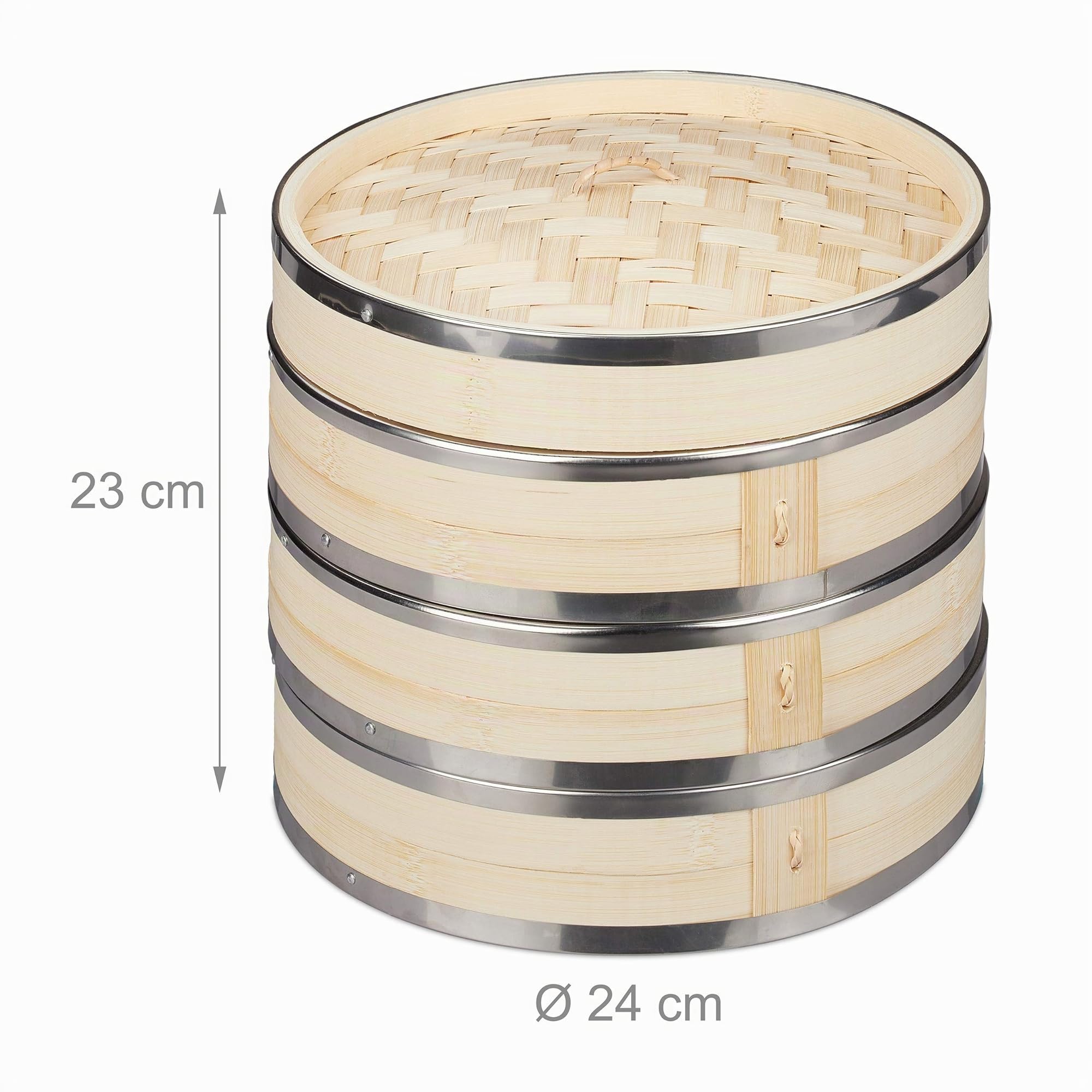 Relaxdays Vaporiera Bambù, 3 Cestelli, Anelli in Metallo, Cottura a Vapore di Riso e Ravioli Cinesi, Ø 24 cm, Naturale