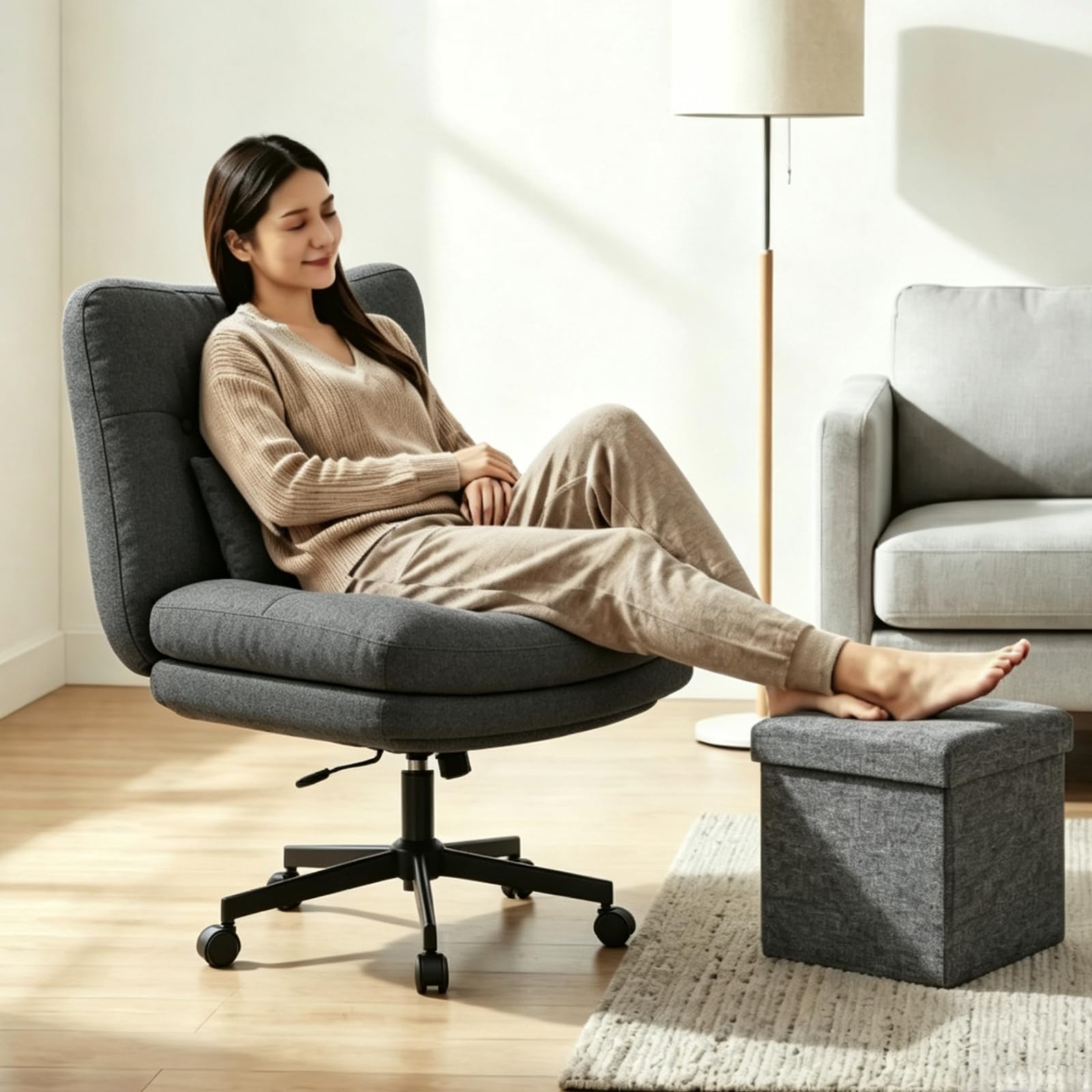 Silla Escritorio sin Reposabrazos, Silla Oficina Ergonómica, Silla Giratoria de Tela Taburete Almacenamiento, Silla Tocador Maquillaje Adecuada para Oficina en Casa Soporte Lumbar, Gris Oscuro Global Recycled Standard Global Recycled Standard Global Recycled Standard