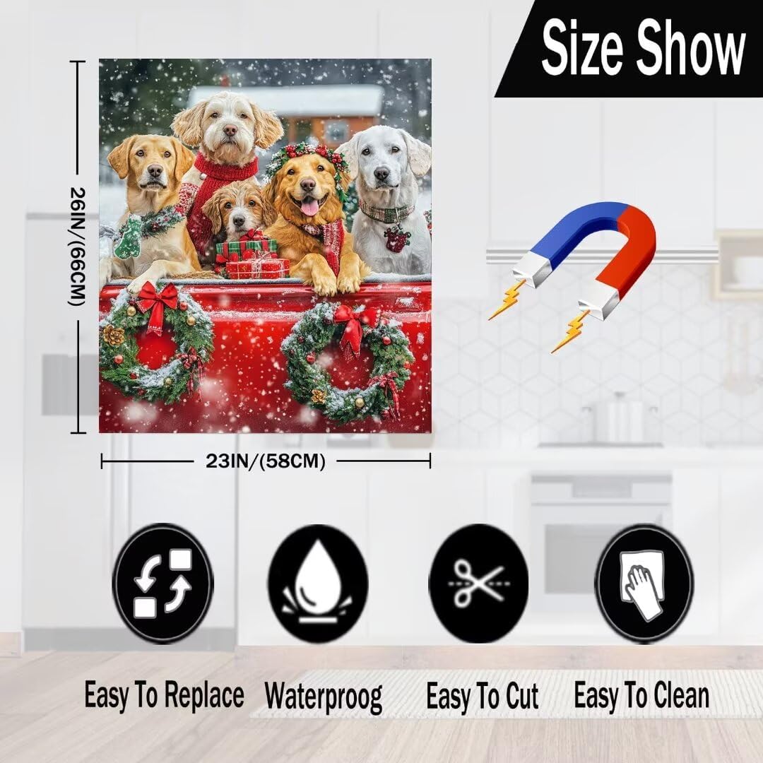 Christmas Dogs Kitchen Decoration Magnetic Dishwasher Door Panel Decal, Farm Red Truck Dishwasher Magnetic Sticker, Winter Snow Magnet Dishwasher Front Cover, 23" x 26" Magnetic
