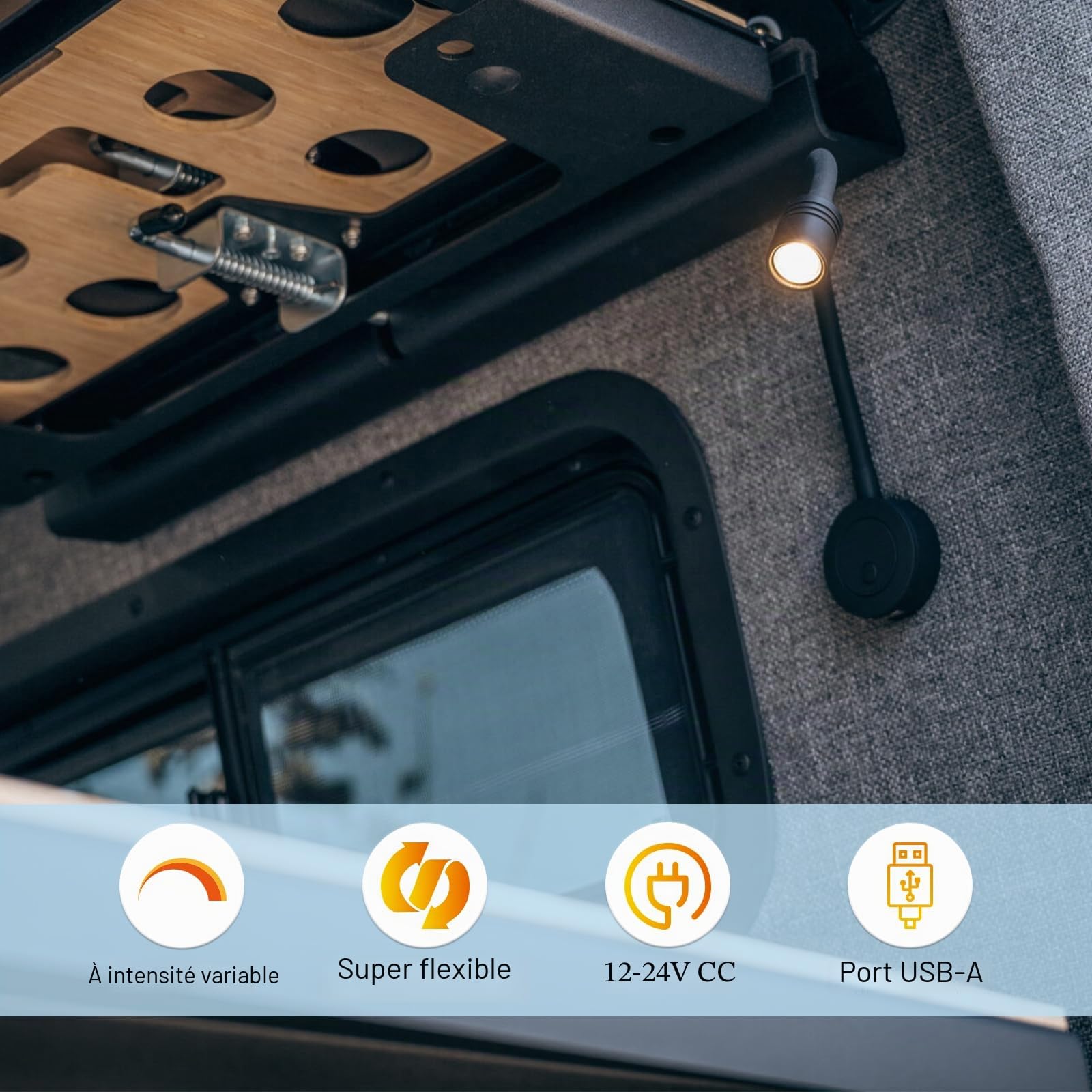 Lampe de Lecture 12V LED Spot Camping-Car Flexible Col de Cygne Luminosité Réglable Applique Murale 3200K pour Bateau Caravane Voiture Camion, avec Chargeur USB&Variateur Interrupteur(Noir)