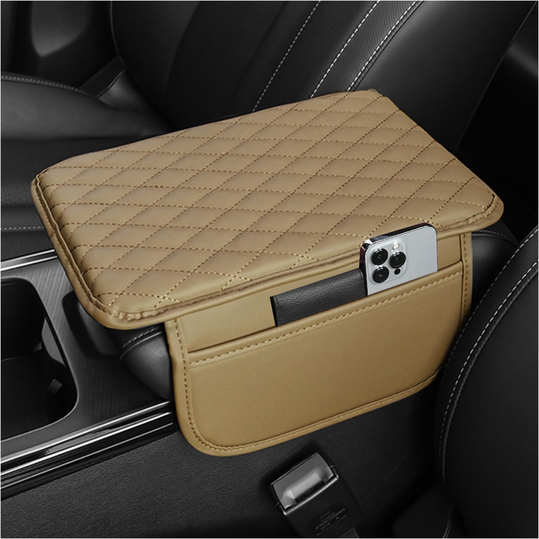 Stacool Upgraded Car Center Console Cover,Microfiber Leather Car Armrest Cover Cushion with 2 Storage Bags,Universal Car Armrest Storage Box Car Interior Accessories for Most Vehicles (Beige)