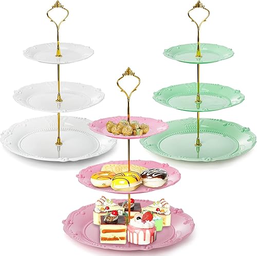 Fasmov Paquete de 3 soportes de plástico para cupcakes de 3 niveles, platos de postre para tartas, frutas, dulces, torre de exhibición reutilizable