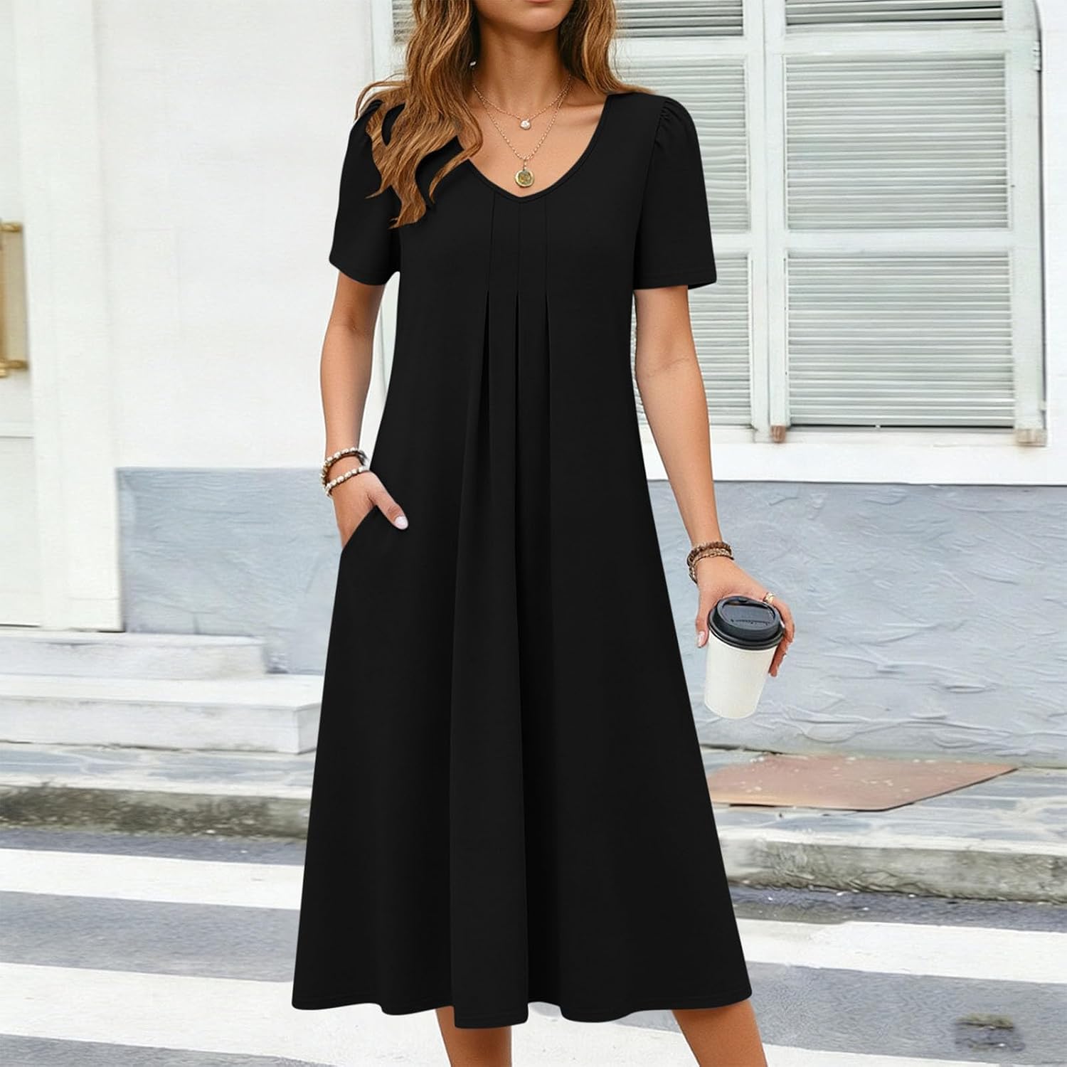 Ruffle Hem Maxi Dress for Women V Neck Short Sleeve Dresses Casual Flowy A-Line Dresses Vacation Boho Beach Dress
