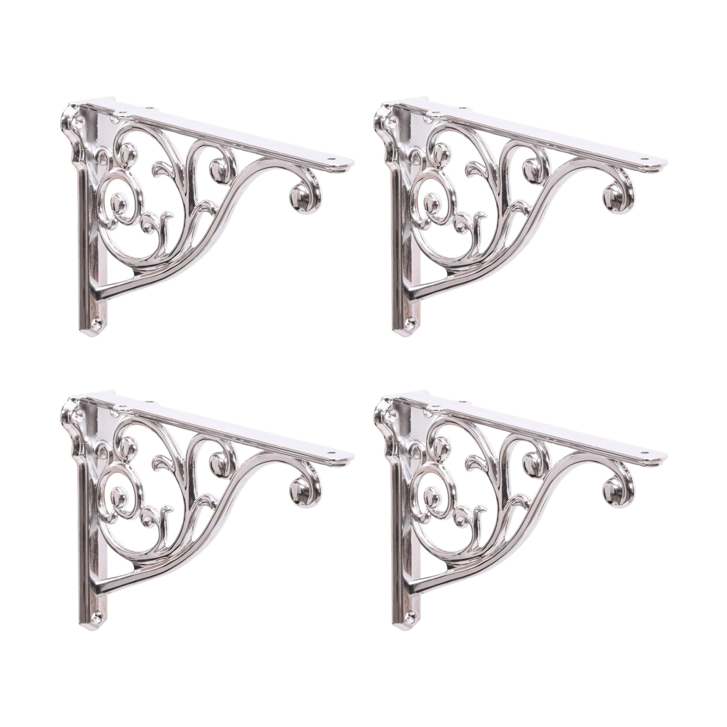 Shelf Brackets 4 Inch 4 Pack Heavy Duty Polished Nickel Wall Bracket Victorian Kitchen Decorative Rack Shelves, Shelf Bracket Available in 8 finishes. (4, Polished Nickel)
