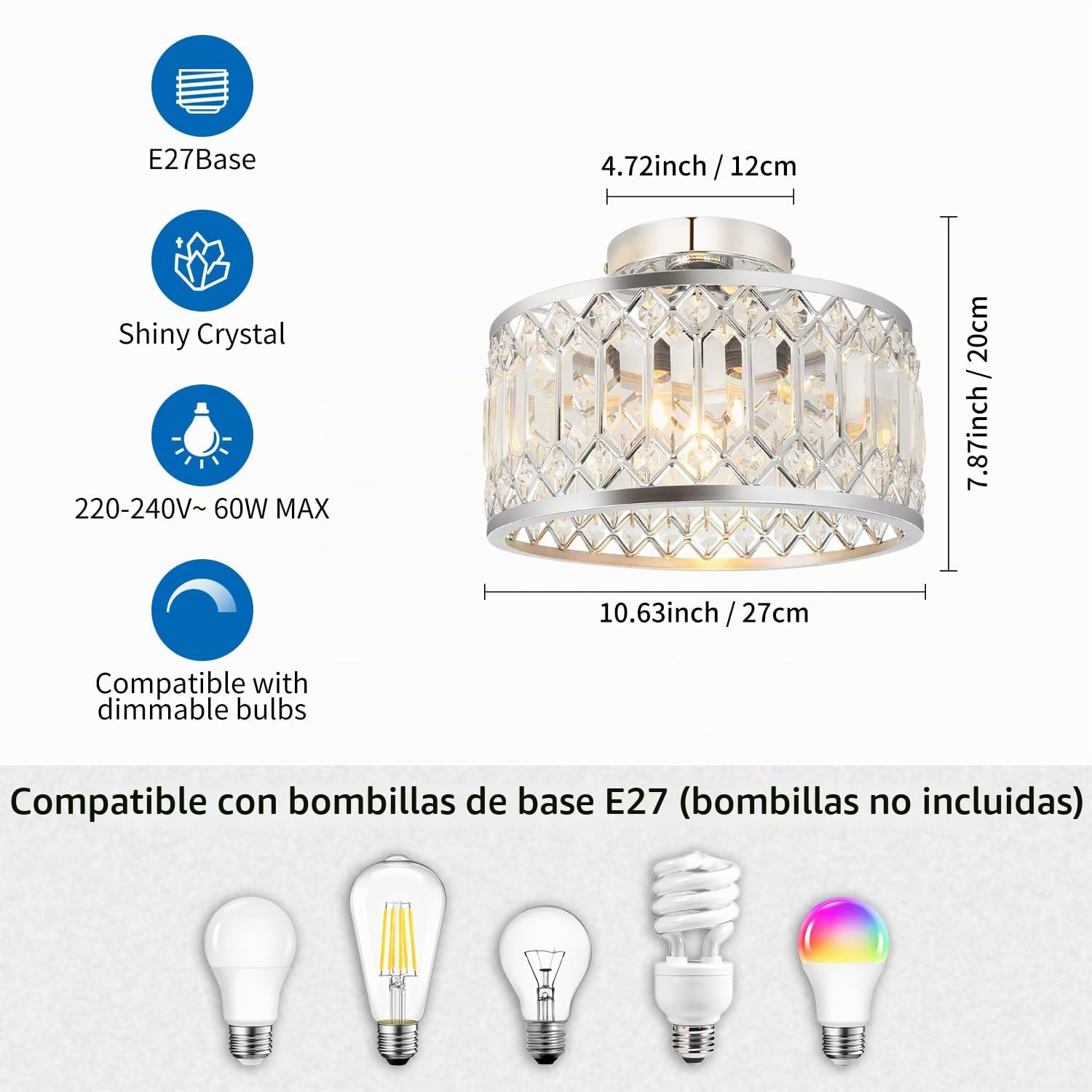 ANWIO Lámpara de Techo de Cristal, Lampara Cocina Techo Cristal con 1 E27 Base, Lámpara Colgante Moderna Plateado, Plafones de Techo para Salones, Dormitorio, Cocina, Pasillo(27CM, Sin Bombilla)