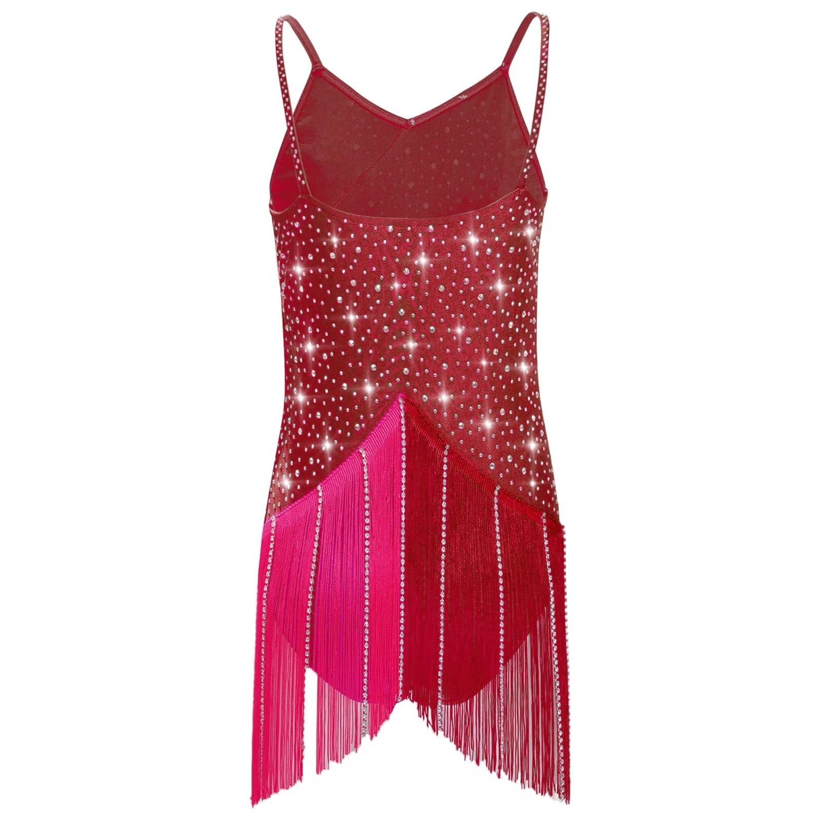 Leotardos de Samba y Salsa con borlas for niñas, Ropa de Baile de Jazz y Tango, con Brillantes Diamantes de imitación y Vestidos de Patinaje artístico.(Blue,16)