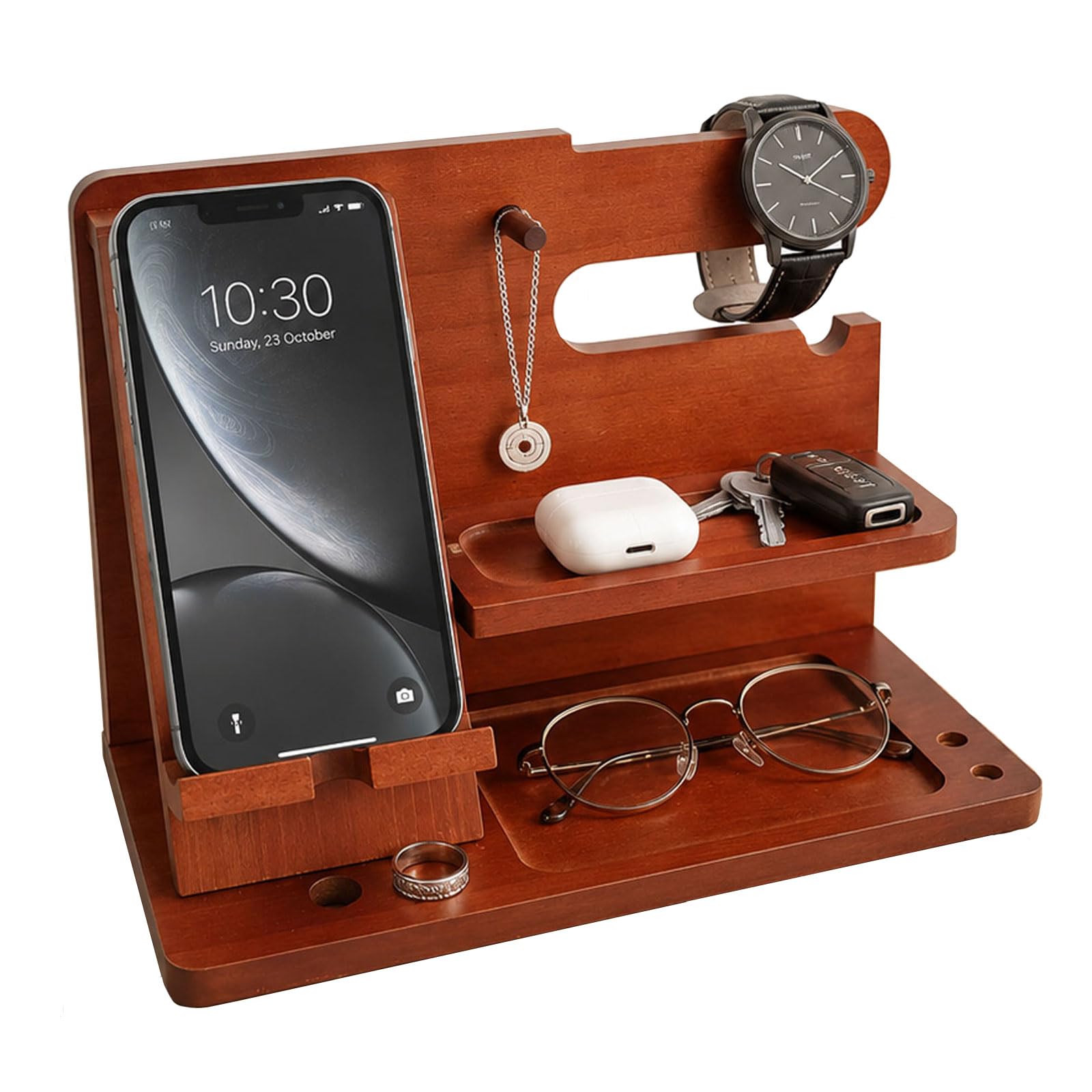 PSKJHN Wooden Phone Docking Station, Solid Wood Entryway Organiser for Keys Watch Wallet Jewellery, Smartphone Stand with Valet Tray for Hallway Table Bedroom Desk Brown,25 * 14 * 17cm