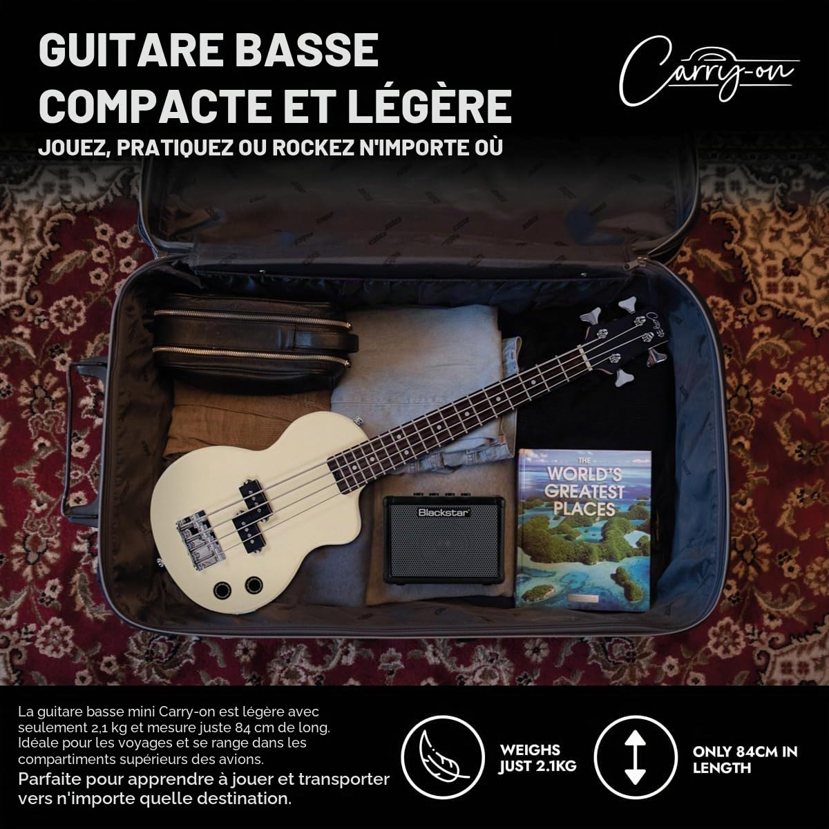 Carry-on By Blackstar Mini-Guitare Basse Electrique, Parfait pour les Enfants et les Adultes, les Débutants et les Voyages Classique Blanc