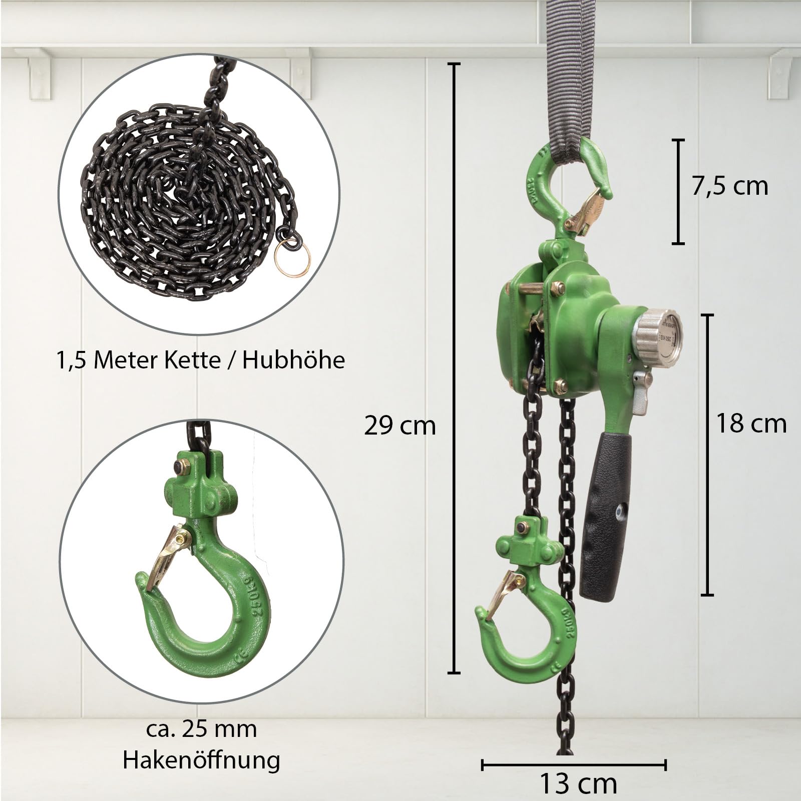 TRUTZHOLM Ratschenzug 250 kg 1,5 m Hubhöhe mit öliger Kette kompakter Hebelkettenzug zum Heben, Ziehen und Spannen für Werkstatt, Montage und Baustelle mit Sicherheitslaschen und Präzisionsratsche