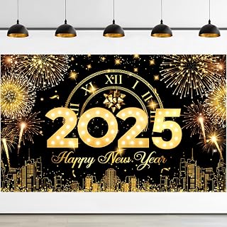 Pancarta Feliz Año Nuevo 2025, 180 x 110cm Happy New Year Banner Negro Oro, Decoraciones de Nochevieja 2025, Pancarta Grande de Fondo para Fiesta de Año Nuevo