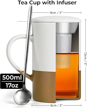 MIAMIO - Tea Cup Set 2 x 500 ml with Infuser and Lid/Ceramic Tea Mug with Infuser and Spoon for Steeping Loose Leaf Tea, Gifts for Tea Lovers - Microwave & Dishwasher Safe (Brown)
