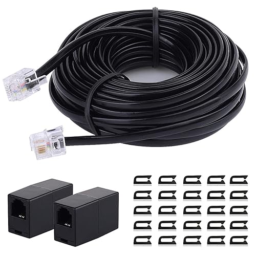 Cable de extensión de teléfono RJ11 6P4C de 10 pies hembra a hembra acoplador en línea 30 clips adhesivos para cable para sistema fijo, contestador