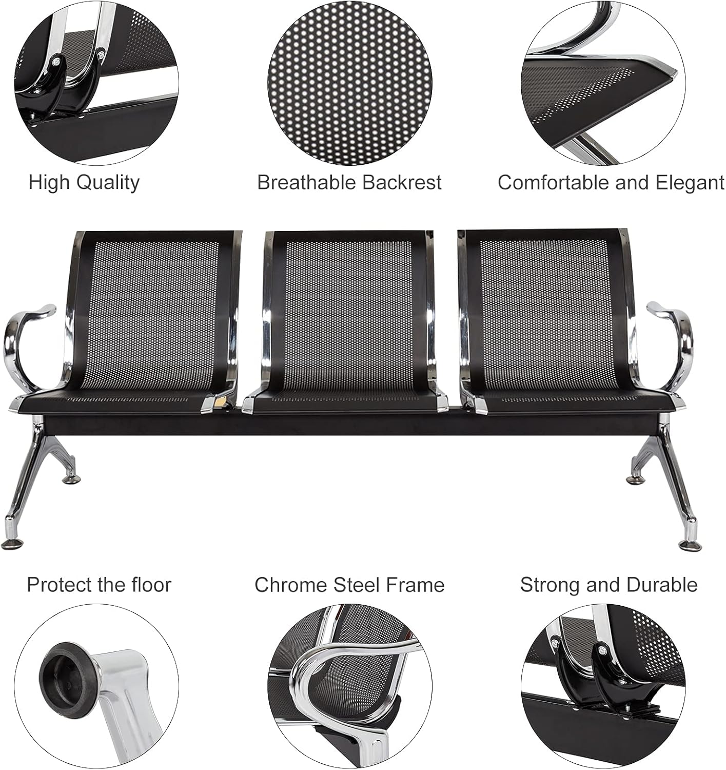 Kinfant 5-Seat Waiting Room Chairs Sofa Furniture - Office Guest Reception Chair with Armrest for Waiting Room Airport Hospital Bank (Black - Mesh)