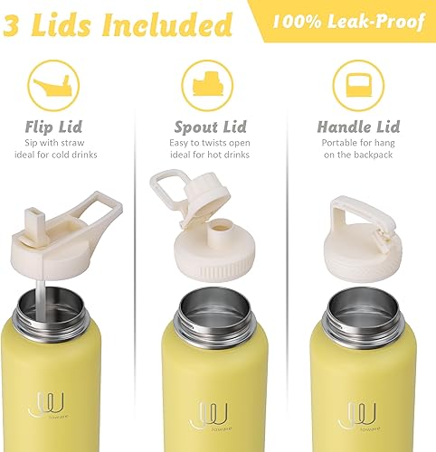 Miniatura 3 de Botella de agua aislada de 32 onzas con pajilla, frasco de agua deportivo de acero inoxidable con 3 tapas, taza térmica de viaje a prueba de fugas,