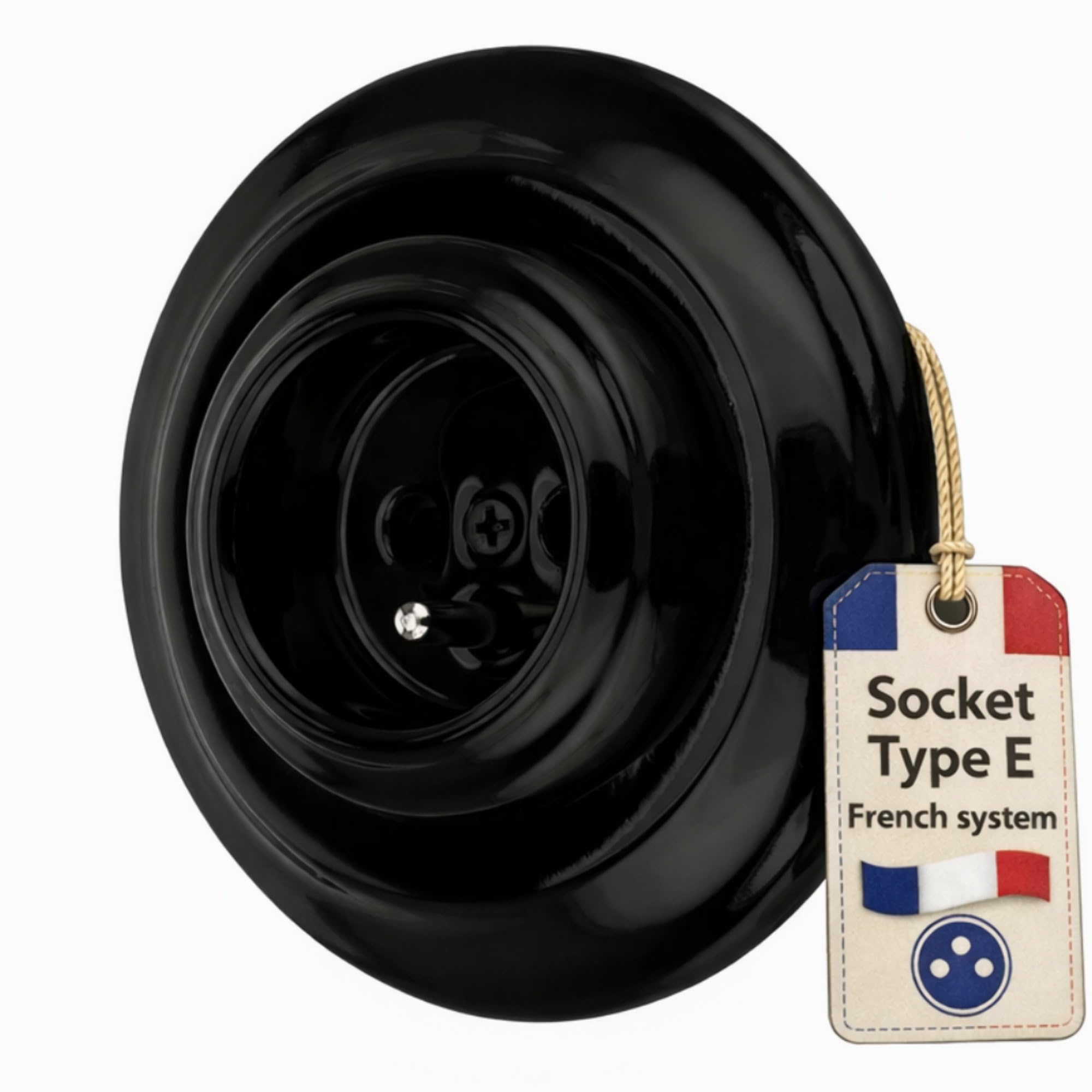 Prise de courant rétro encastrée porcelaine série PR1 noir type E française