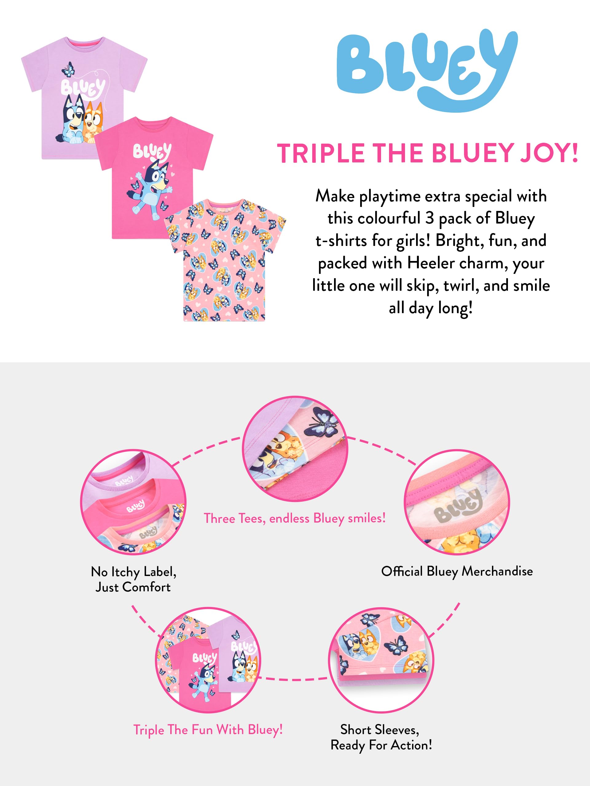 Bluey Pack De 3 Camisetas, Camisetas De Verano para Niña, Lote de 3 Camiseta para Niña, Ropa Infantil Algodón