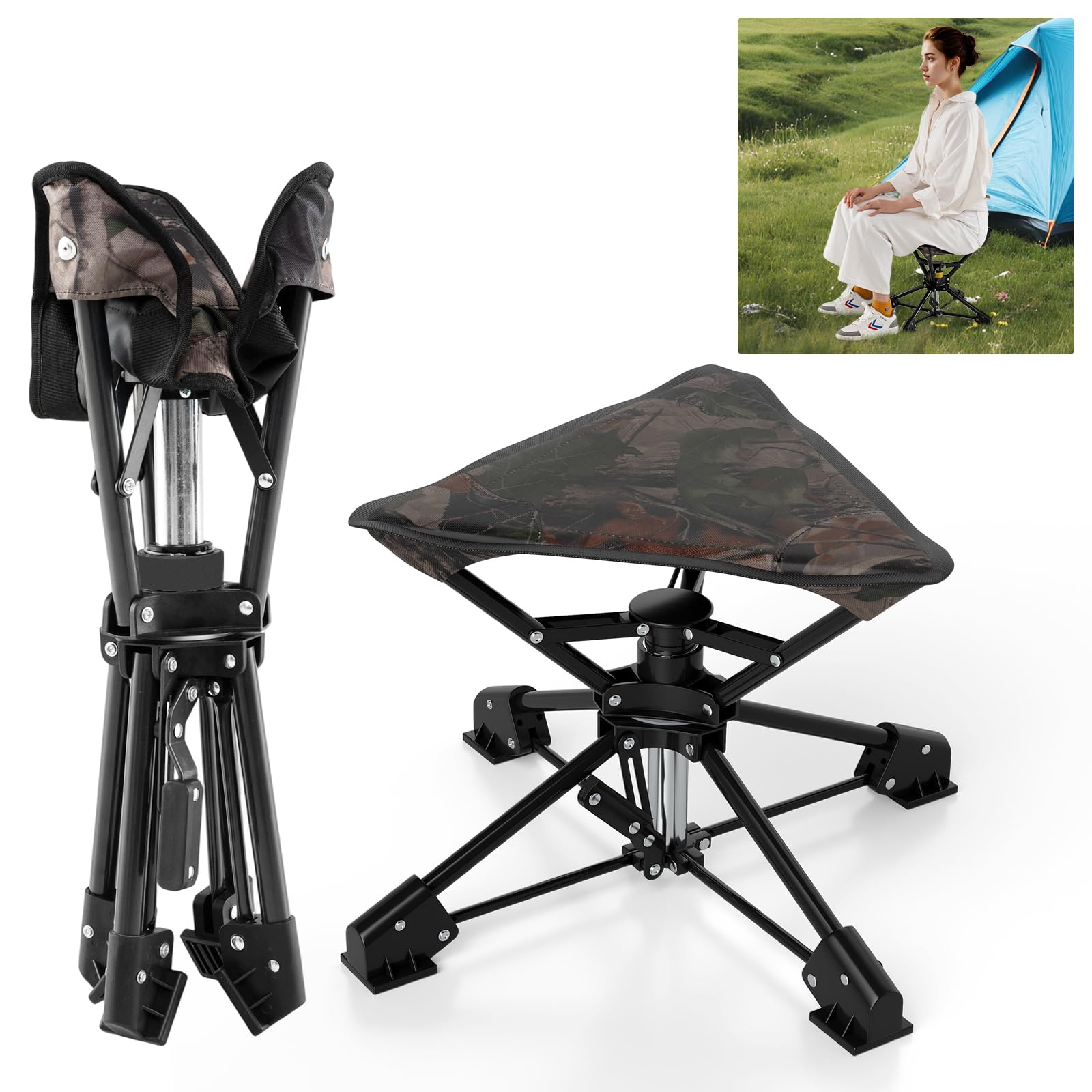 Tabouret pliant camping pivotant 360° pliable en métal camouflage