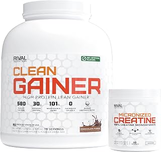 Rivalus Rival Nutrition Clean Gainer & Creatine Stack | Chocolate Fudge Lean Gainer 15 Servings + Micronized Creatine Monohydrate 60 Servings | Mass, Strength & Performance Support