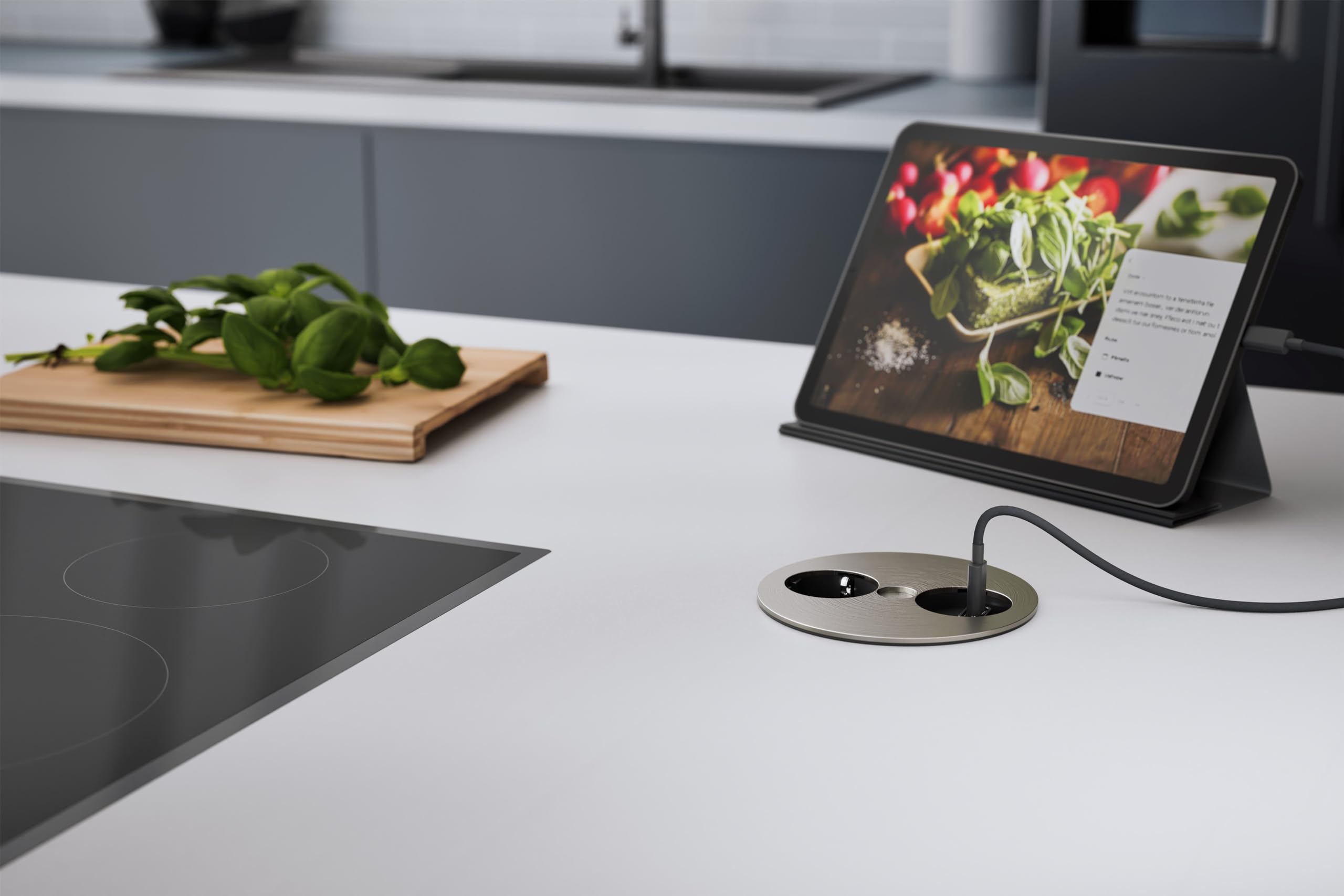Bachmann Twist Inbouwstopcontact, 1 x stopcontact met 2 x USB A 2 m kabel, tafelstopcontact voor keuken en kantoor, zwart (slechts 40 mm inbouwdiepte en geïntegreerde waterafvoer