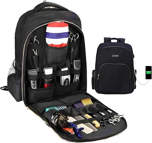 Bolsa de suministros de peluquero con puerto USB, mochila portátil para cortaúñas y suministros, bolsa organizadora de peluquería de viaje para
