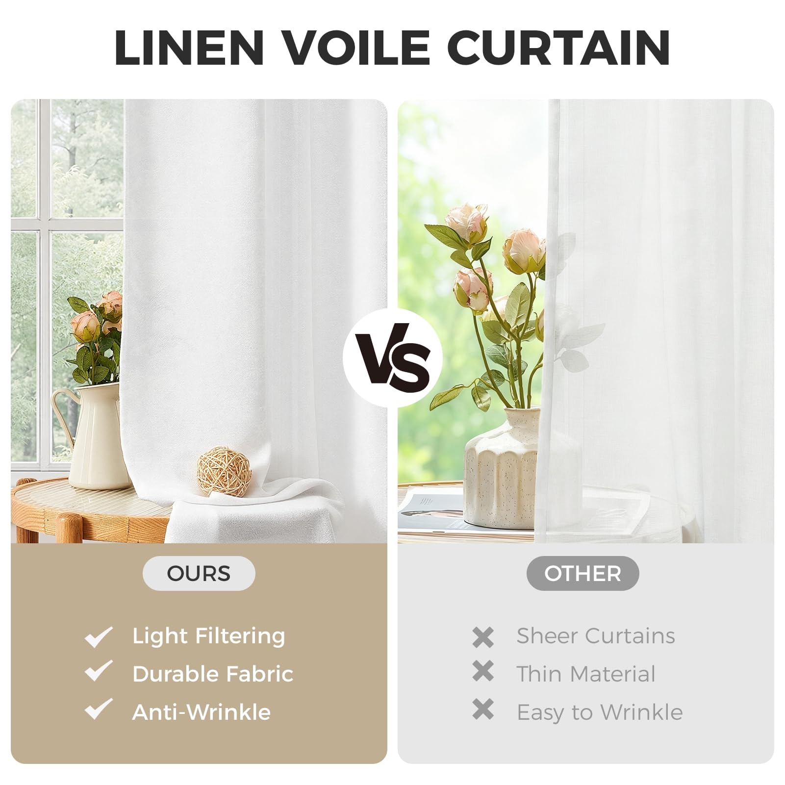 CUTEWIND Gardine Weiss Leinen Halbtransparent 2er Set Vorhänge Wohnzimmer Modern H 200 x B 140 cm, Vorhang Weiß Leinen Schlafzimmer Curtains Living Room, mit verdeckten Schlaufen