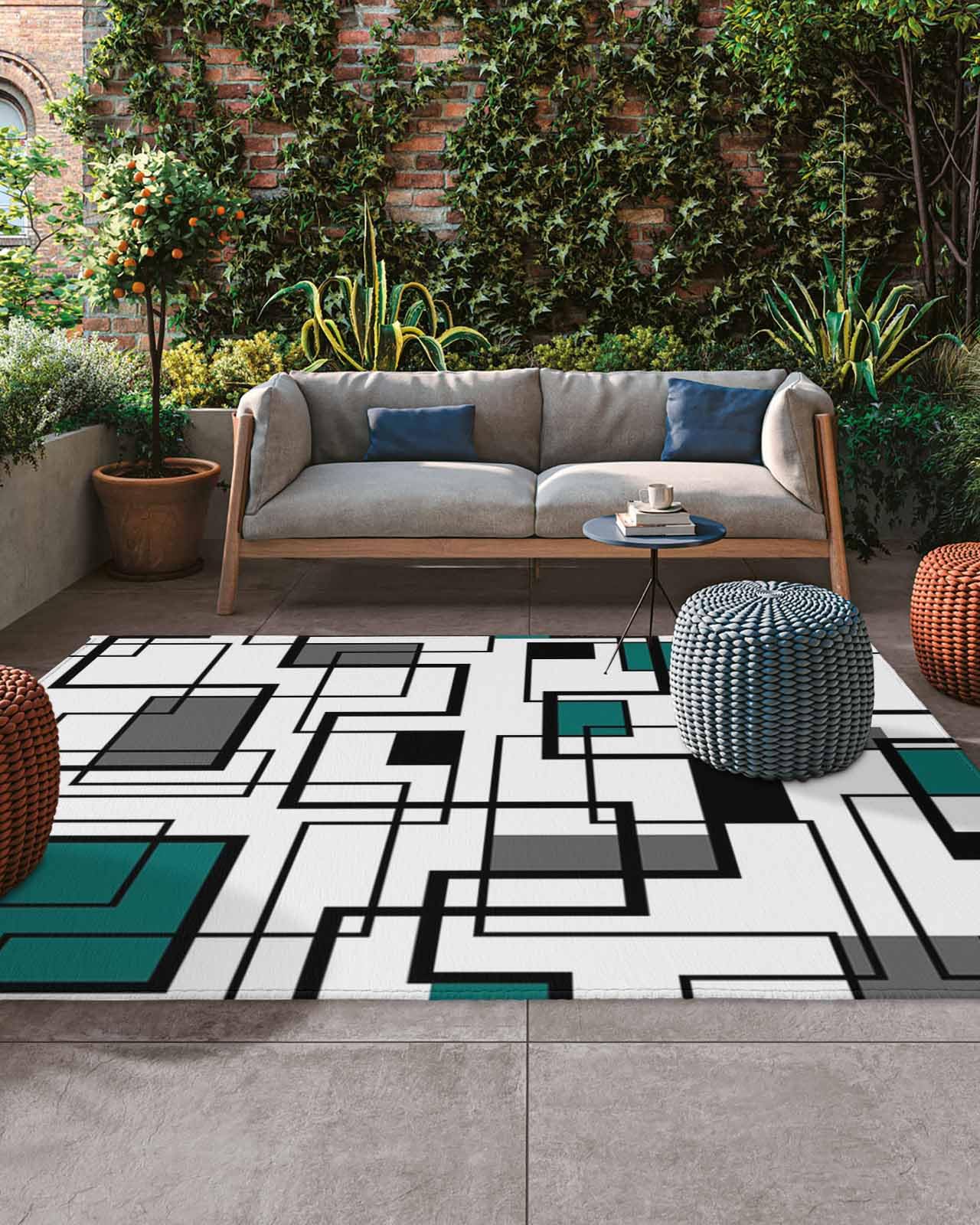 Outdoor Area Rug for Patio,Teal Gray Black Abstract Line Block Camping Rugs Indoor Large Floor Mat 5x8ft,Modern Art Outside Carpet for Deck RV Picnic
