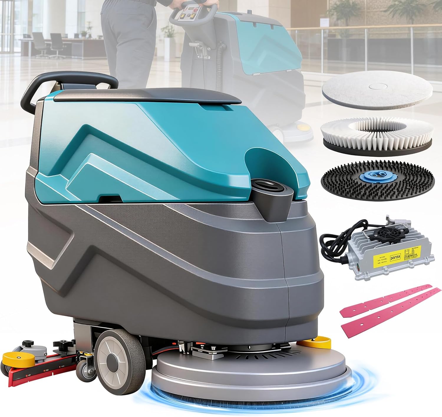 Walk Behind Commercial Floor Scrubber Machine, 22" Rotary Disc Brush, 31.5" Squeegee Width, 18.5-gal Sewage Tank, 15.9-Clear Water Tank,32000 sqft/h, High Efficiency for Large Areas