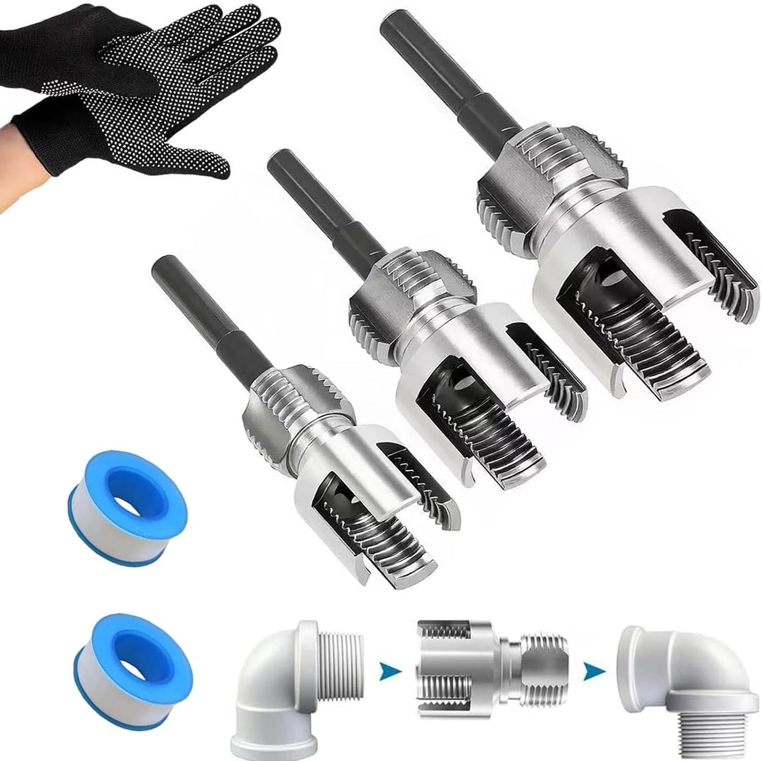 4 in 1 Water Pipe Wrench, Universal 4 in 1 Water Pipe Threader Set, 1/2'' 3/4'' 1'' Pipes Tapping and Threading Tool Fits All Threads, Opener Compatible Electric Drill