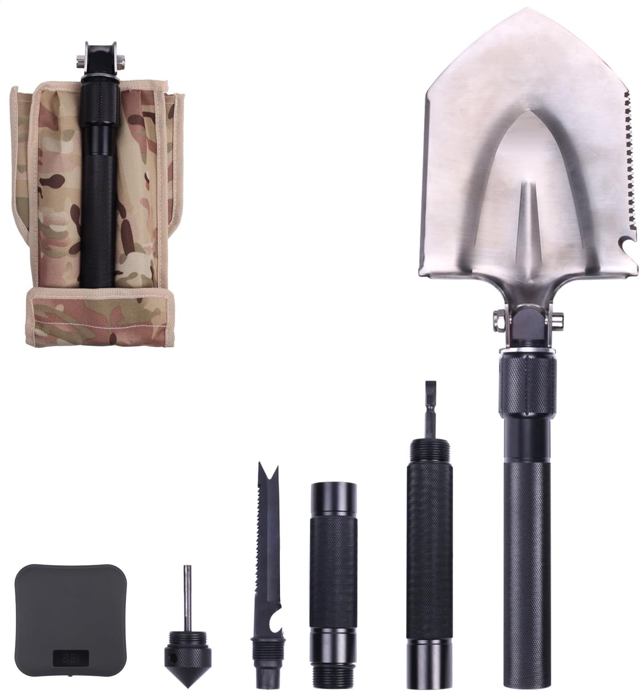 ID PRO Military Shovel Multi-Function Folding Shovel Gardening Snow Shovel with Power Bank for Camping, Backpacking, Outdoor Hiking, Automobile, Garden, Heavy Duty Emergency Survival Gear (Black)