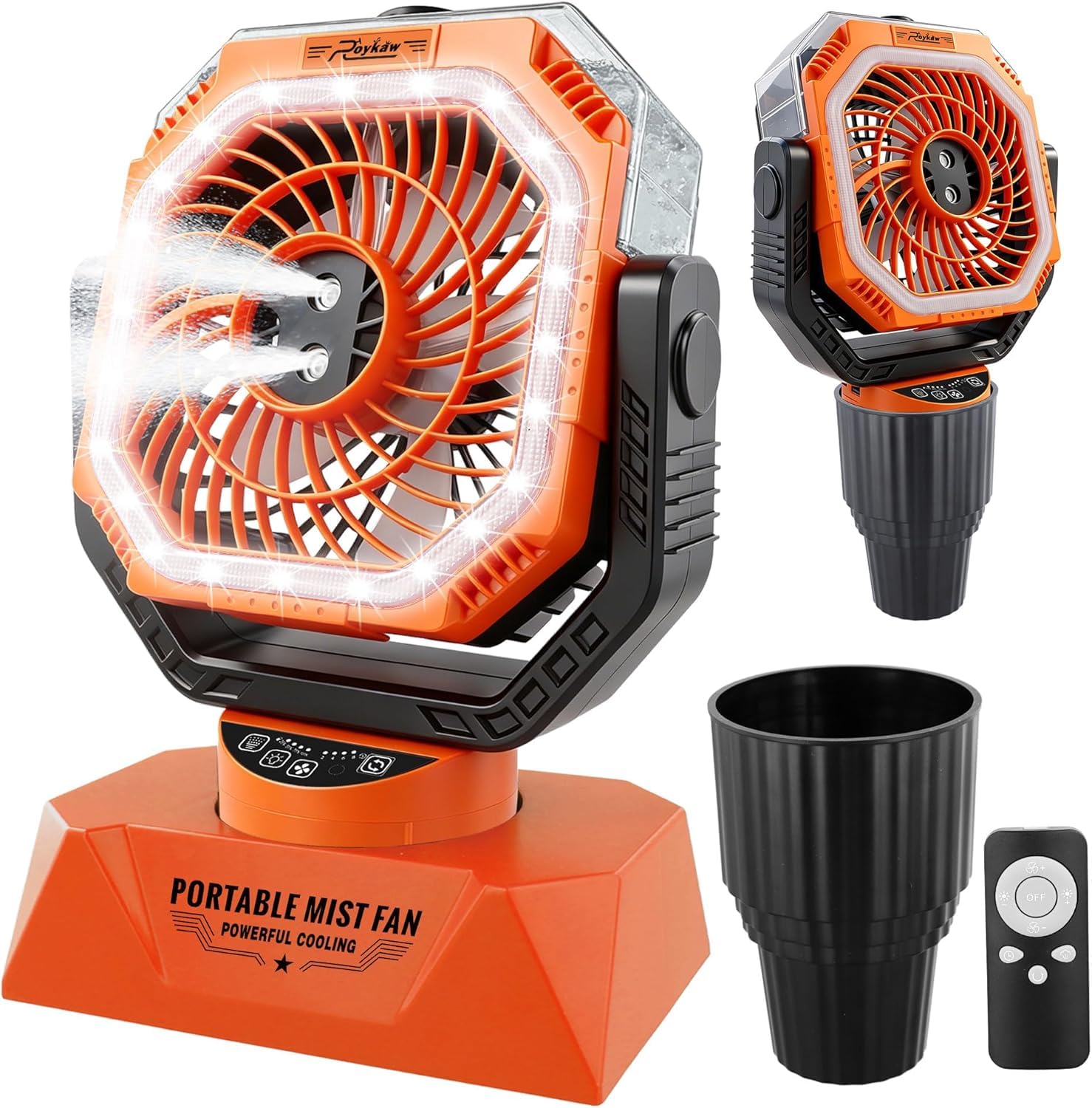 Photo 1 of Roykaw 48Hrs Golf Cart Misting Fan, 2-in-1 Large Golf Cart Fan & Camping Fan w/ 2 Spray Modes/4 Powerful Speeds/3 Ultra-Bright LED Lights/Oscillation, with Detachable Base & Cup Holder for Golf Cart